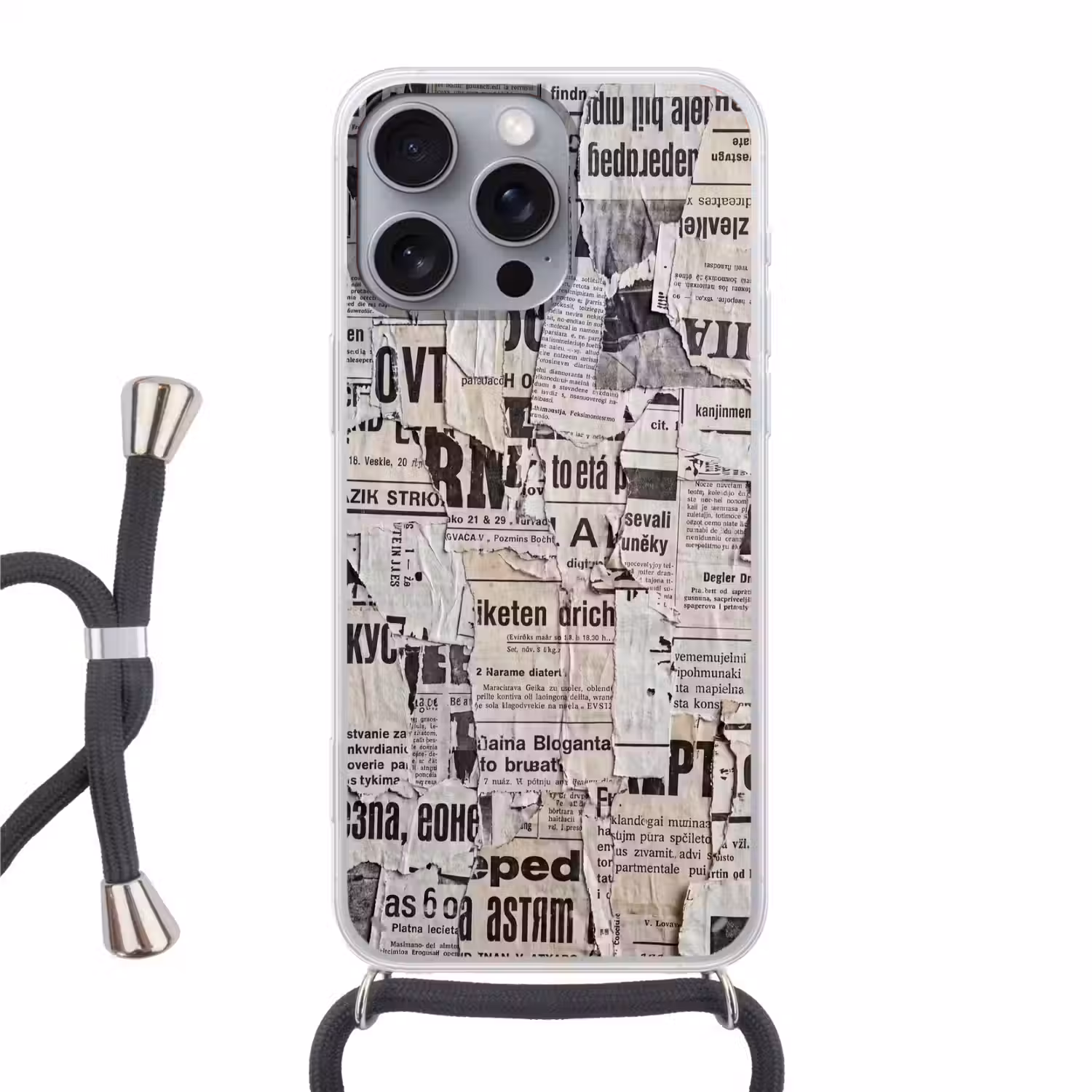 Krant - Gescheurd - Textuur - Abstract - Zwart-wit Hoesje iPhone 16 Pro Max met koord klein -3d