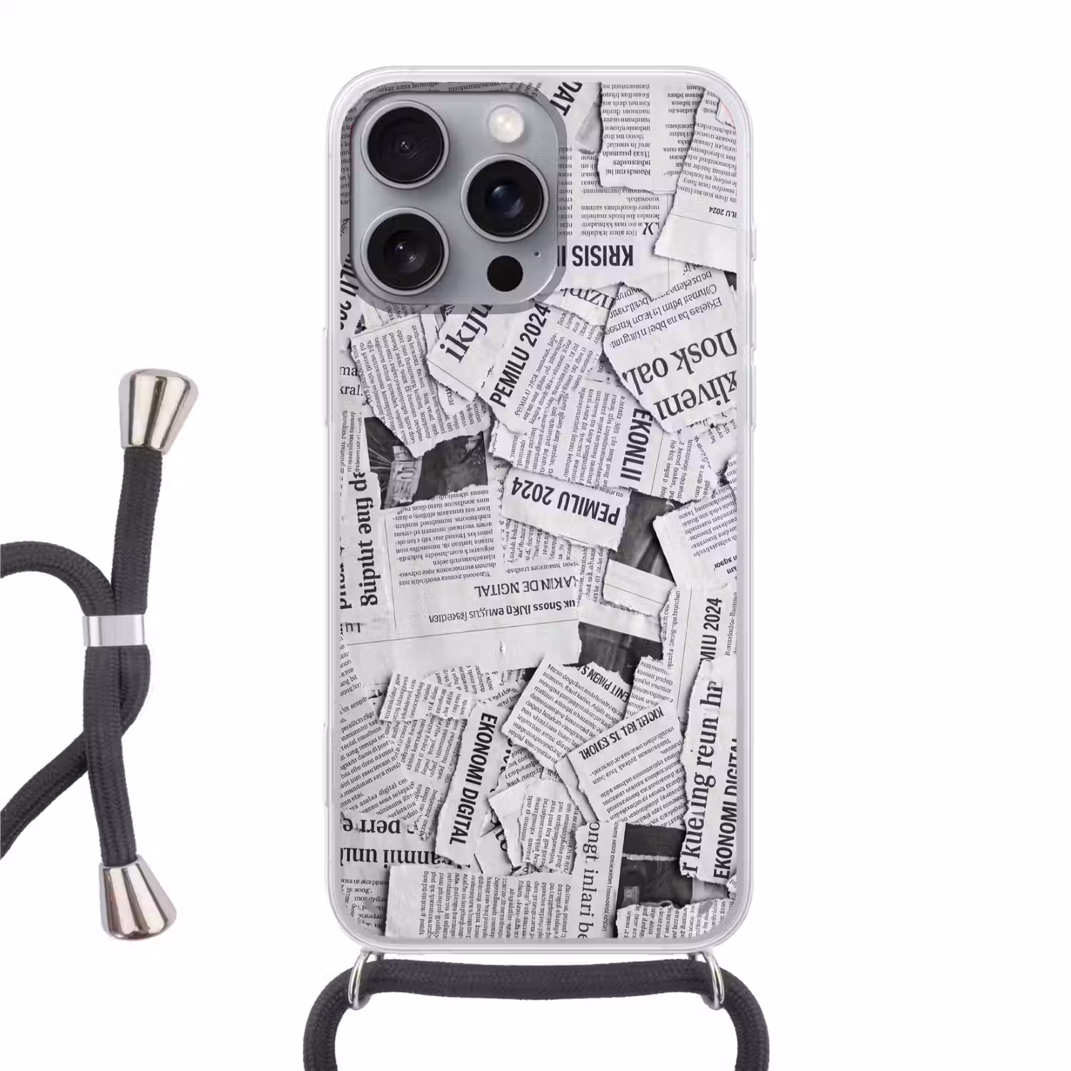 Krant - Versnipperd - Textuur - Zwart-wit - Abstract Hoesje iPhone 16 Pro Max met koord klein -3d