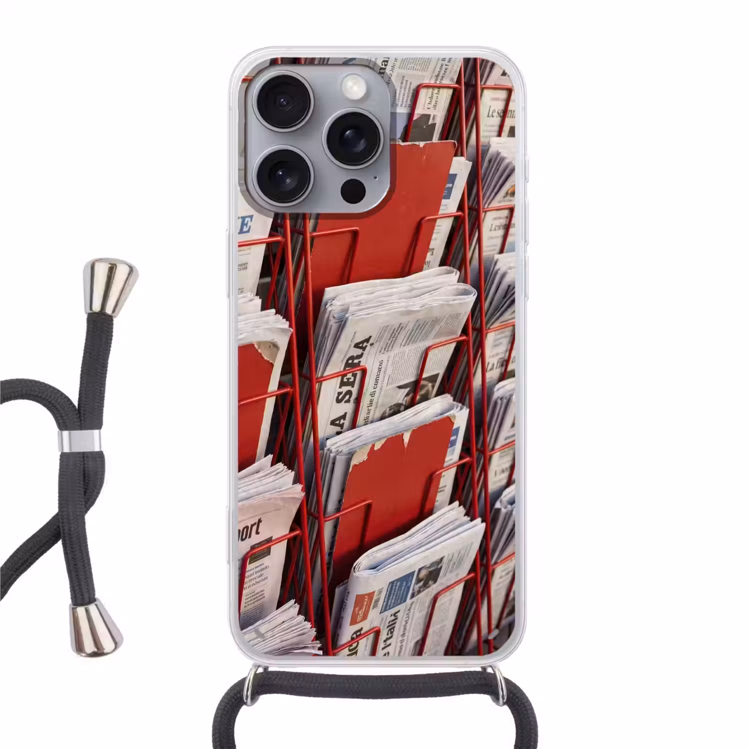 Kranten - Rek - Stedelijk - Dagelijks leven - Rood Hoesje iPhone 16 Pro Max met koord klein -3d