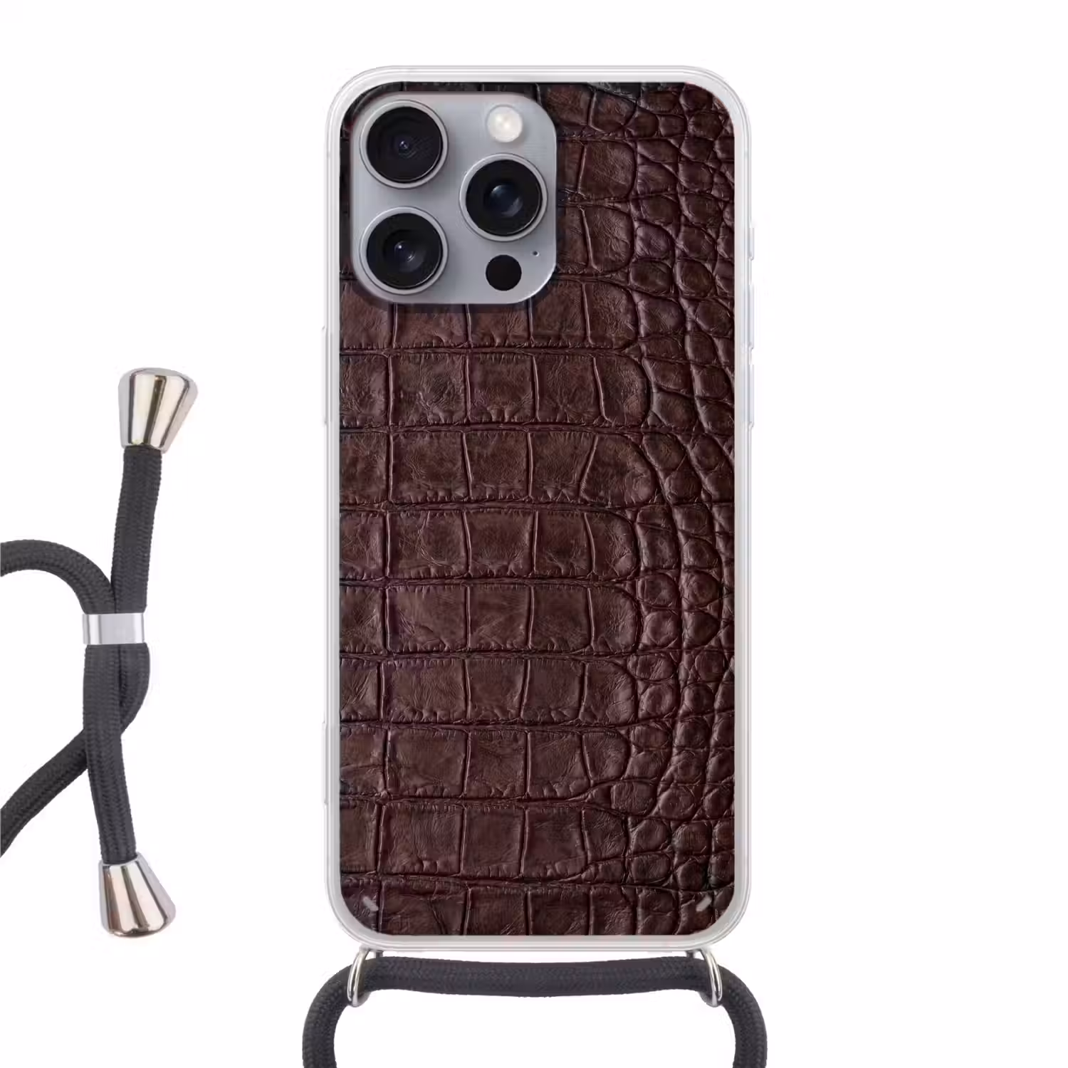 Krokodil - Leer - Bruin Hoesje iPhone 16 Pro Max met koord klein -3d