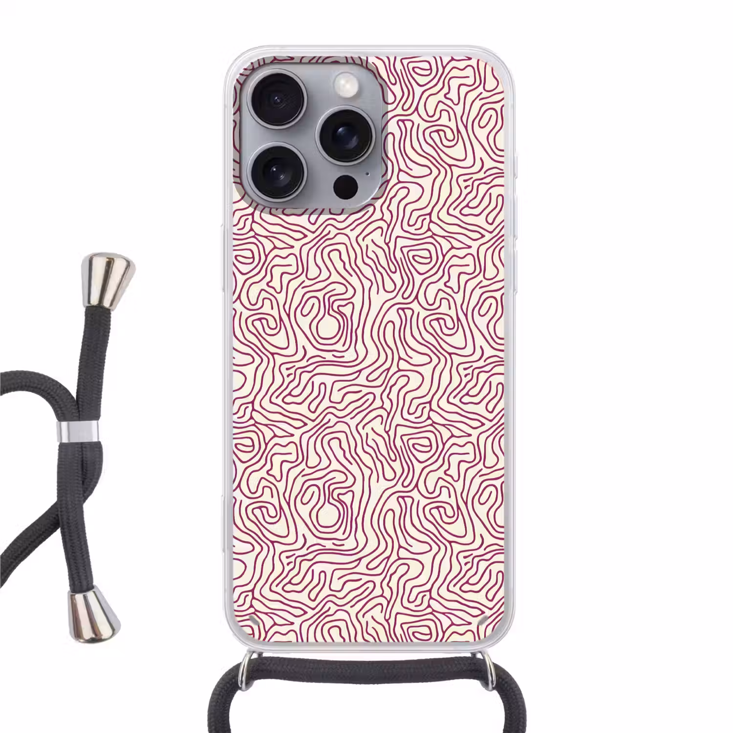 Kronkelende lijn - Magenta - Crème Hoesje iPhone 16 Pro Max met koord klein 804 -3d