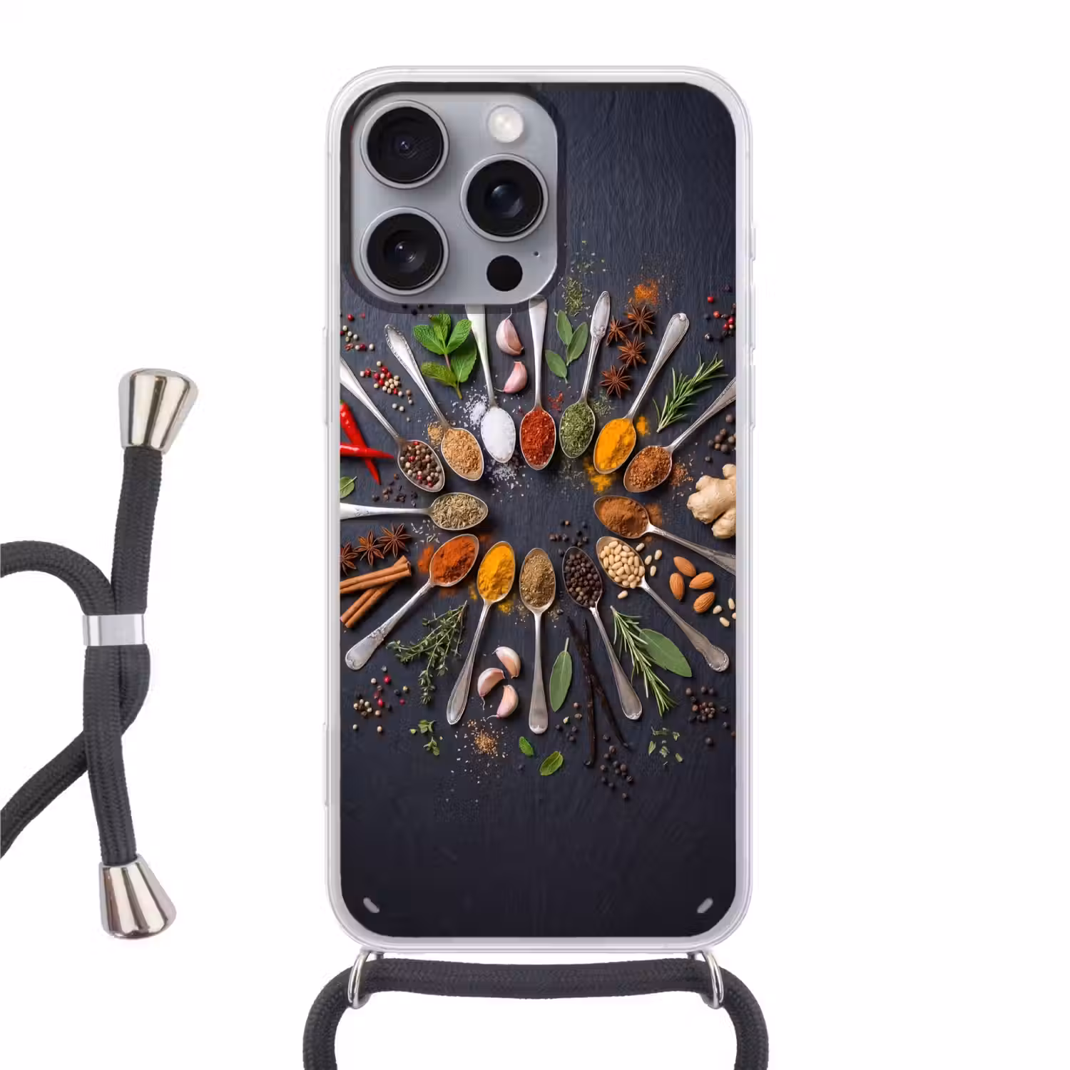 Kruiden - Lepels - Culinair - Kleurrijk - Sfeervol Hoesje iPhone 16 Pro Max met koord klein -3d