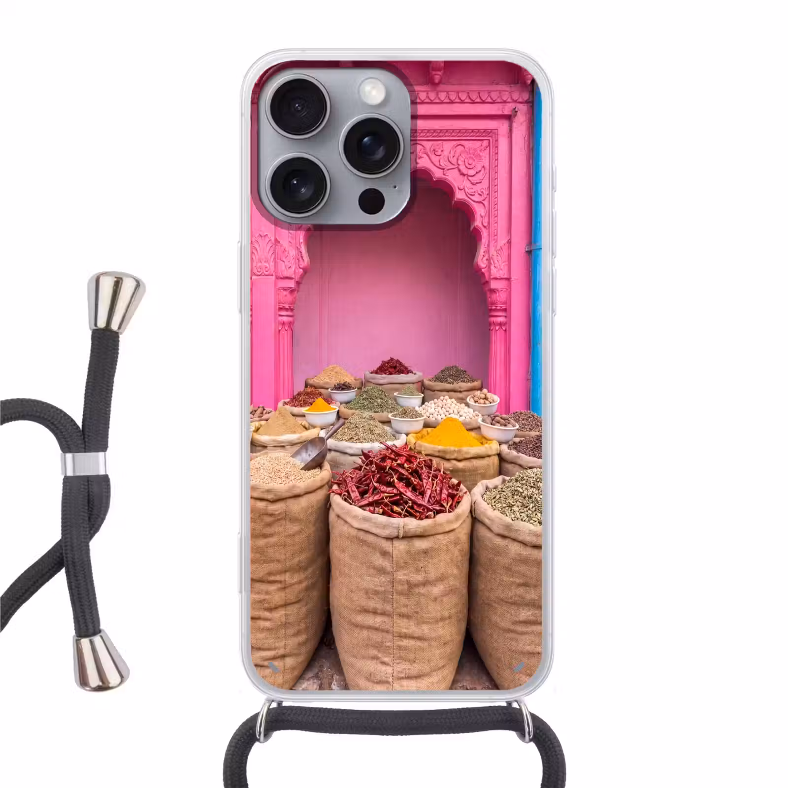 Telefoonhoesje met koord - Kruiden - Markt - Roze - Kruiden - Markt - Roze Hoesje iPhone 16 Pro Max met koord klein