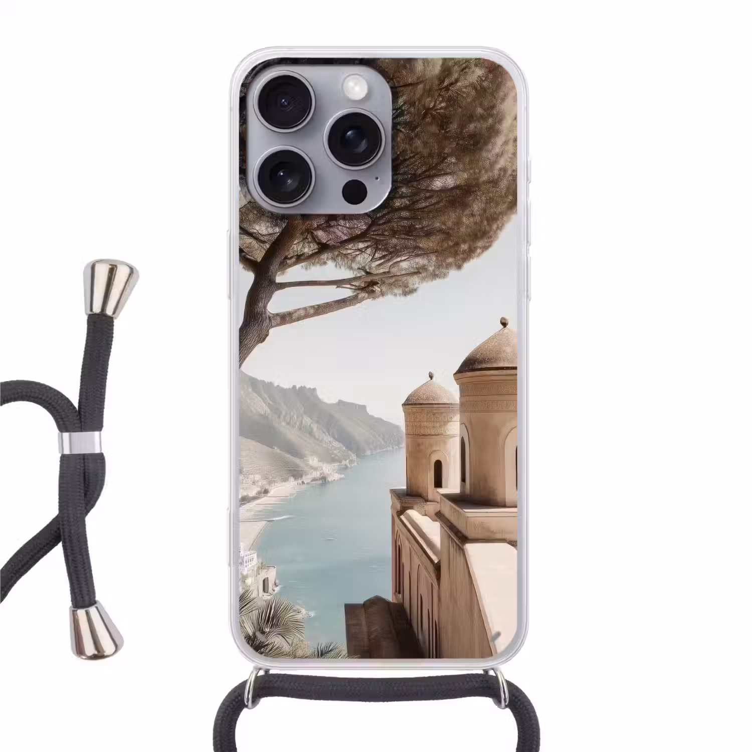 Kust - Klif - Boom - Gebouw Hoesje iPhone 16 Pro Max met koord klein -3d