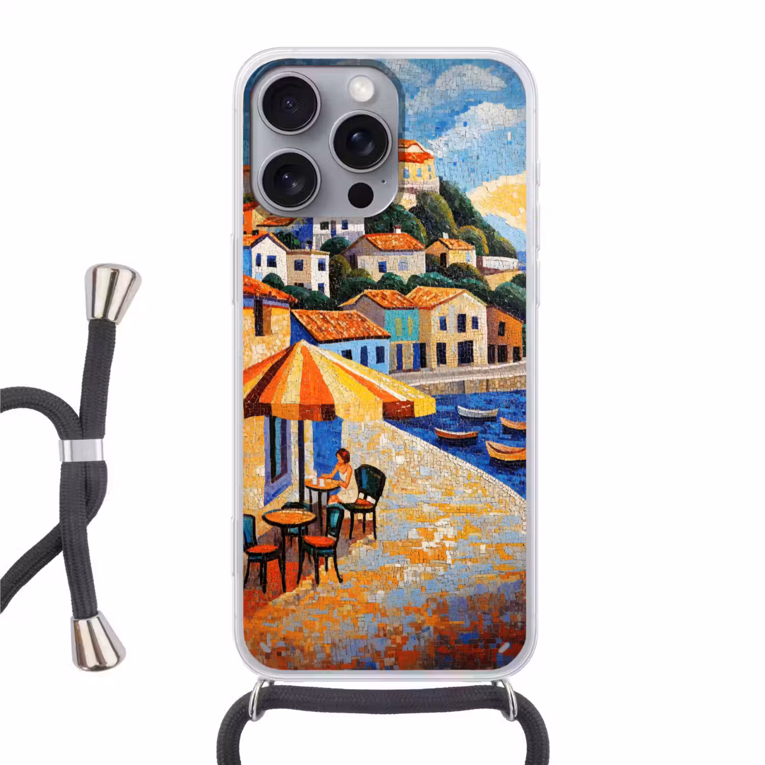Kustdorp - Huisjes - Mozaïek - Zee Hoesje iPhone 16 Pro Max met koord klein -3d