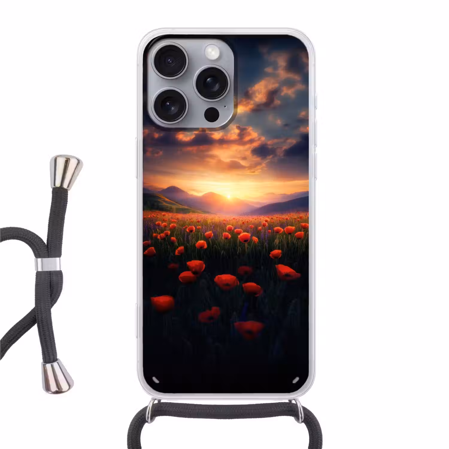 Landschap - Zonsondergang - Bloemenveld Hoesje iPhone 16 Pro Max met koord klein -3d