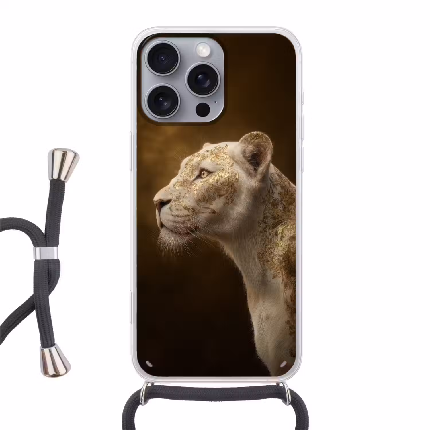 Leeuwin - Bloemen - Wit - Goud Hoesje iPhone 16 Pro Max met koord klein -3d