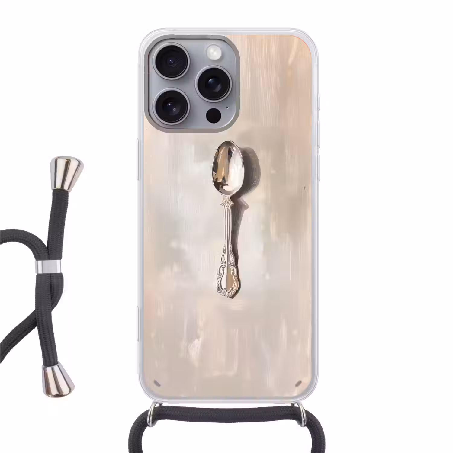 Lepel - Verf - Zilver Hoesje iPhone 16 Pro Max met koord klein -3d
