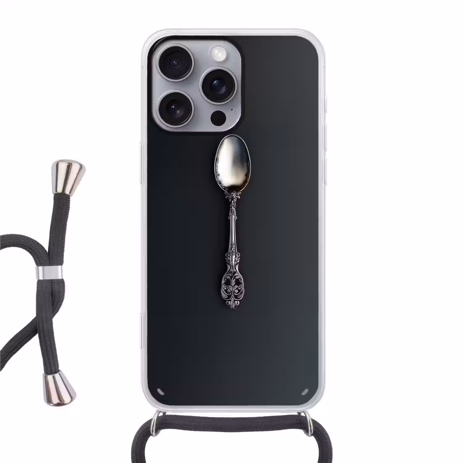 Lepel - Zilver - Metaal Hoesje iPhone 16 Pro Max met koord klein -3d