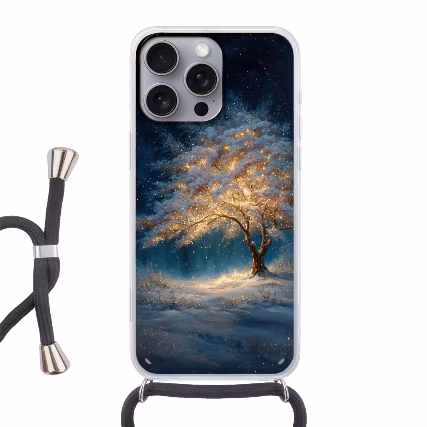 Levensboom - Nacht - Donker - Blauw Hoesje iPhone 16 Pro Max met koord klein -3d