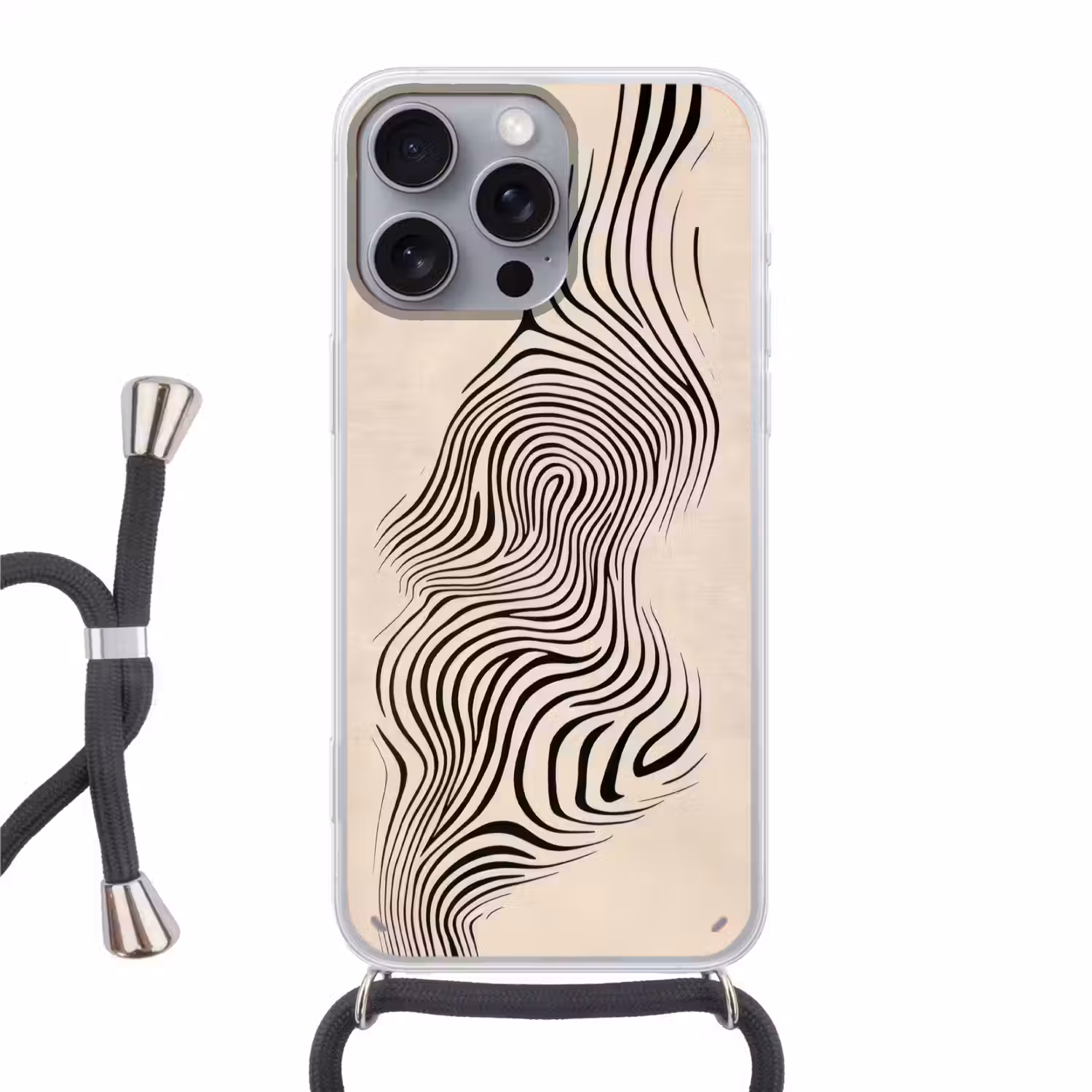 Lijnen - Abstract - Golvend - Zwart Hoesje iPhone 16 Pro Max met koord klein -3d