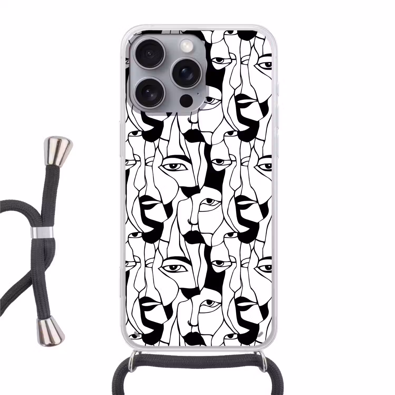 Lijnen - Gezichten - Zwart - Wit Hoesje iPhone 16 Pro Max met koord klein 804 -3d