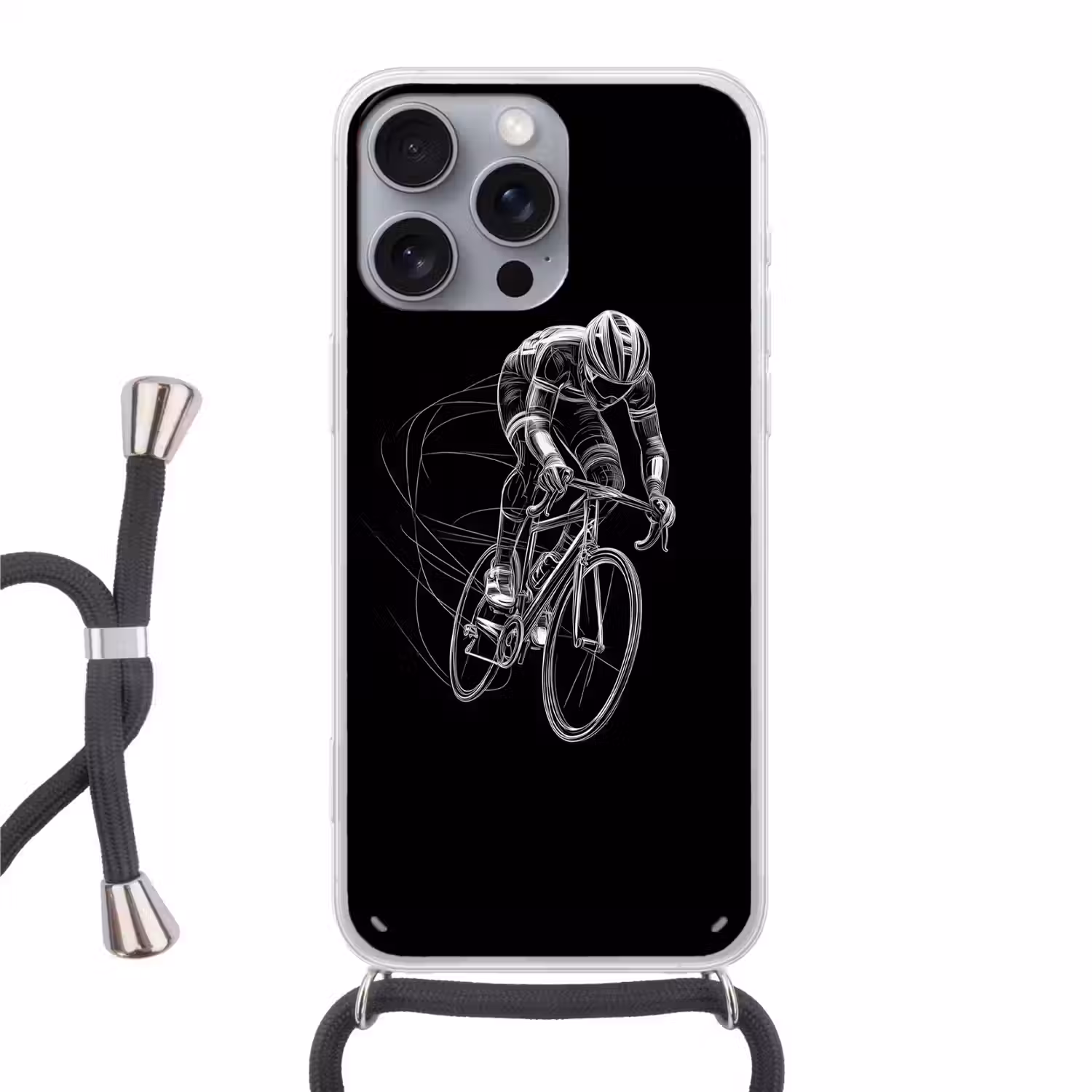 Lijntekening - Wit - Wielrennen - Snelheid Hoesje iPhone 16 Pro Max met koord klein -3d