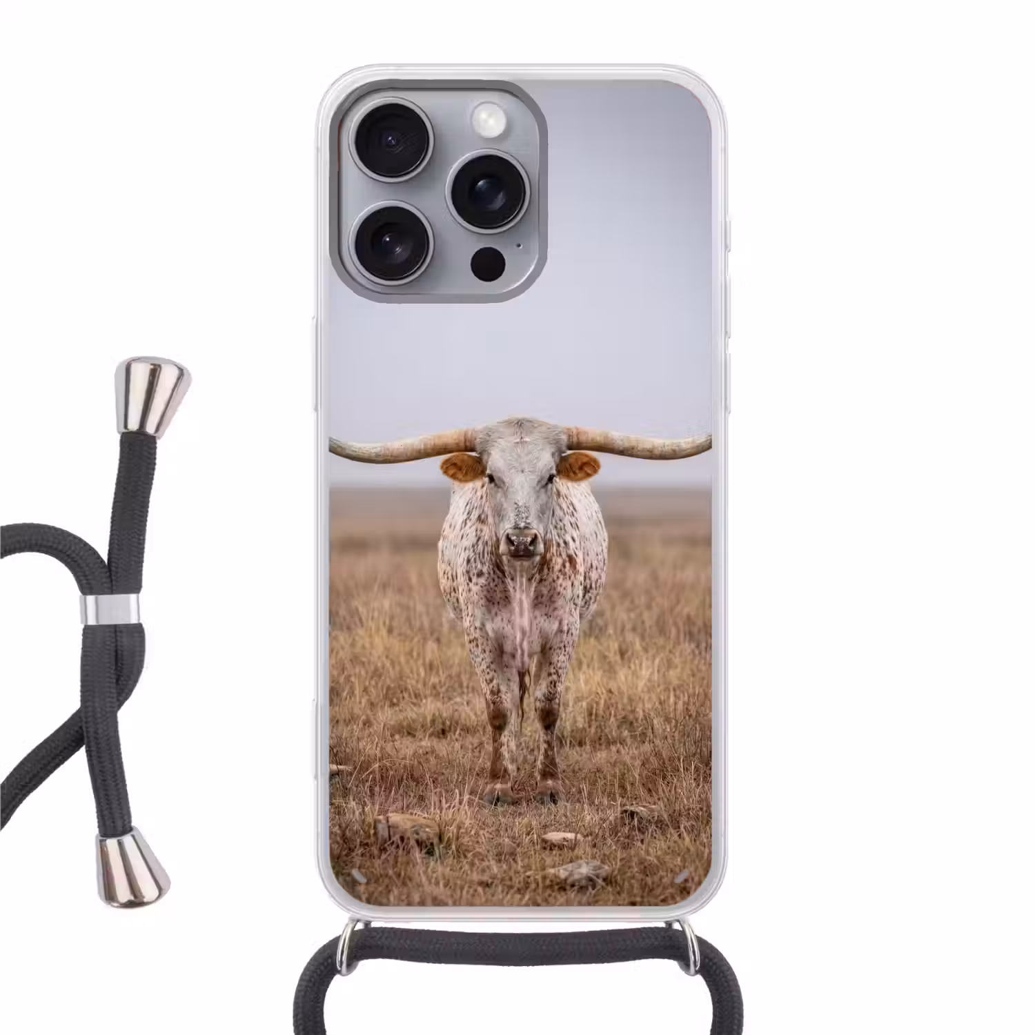 Longhorn - Grasveld - Dier Hoesje iPhone 16 Pro Max met koord klein -3d