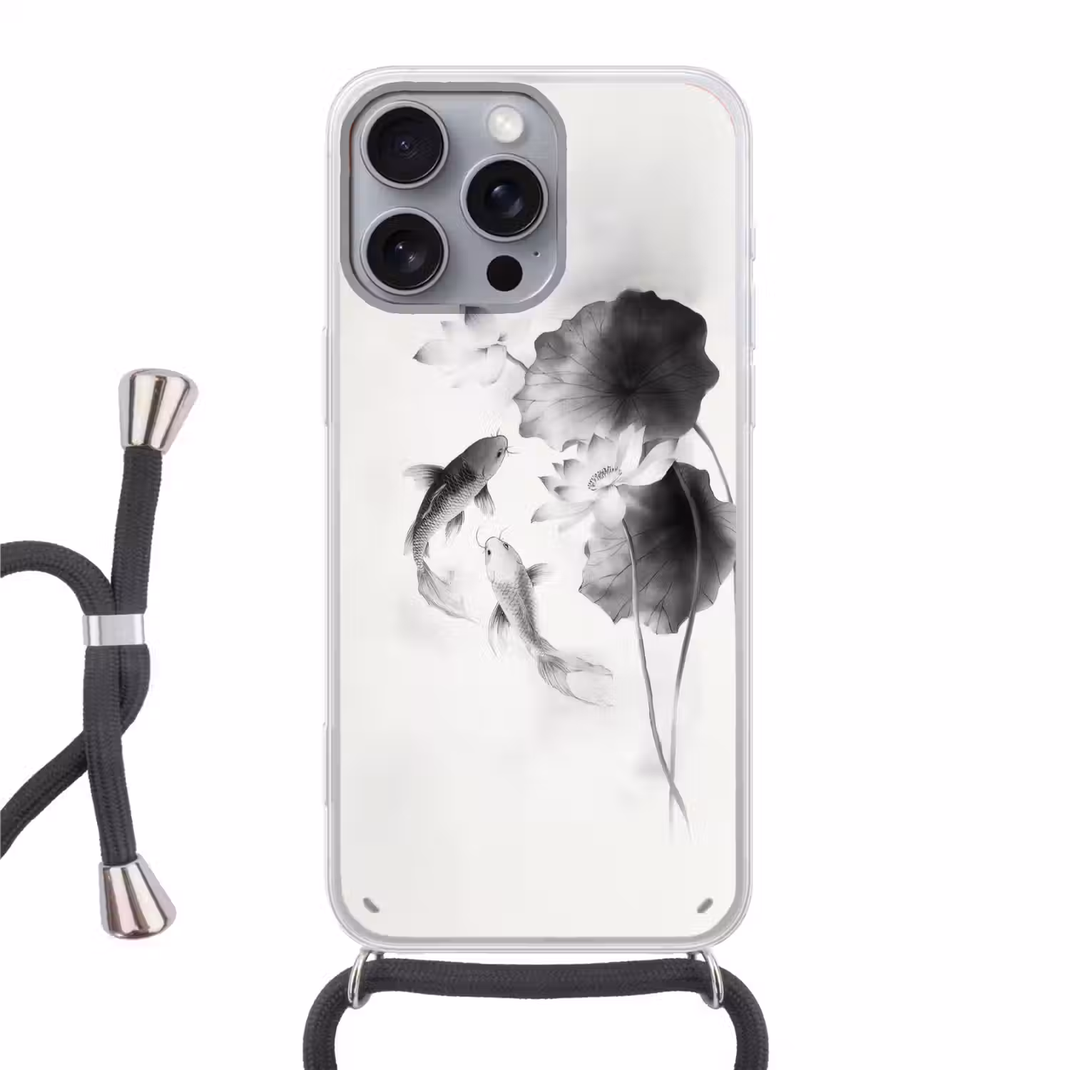 Lotusbloemen - Vissen - Bladeren - Zwart Hoesje iPhone 16 Pro Max met koord klein -3d