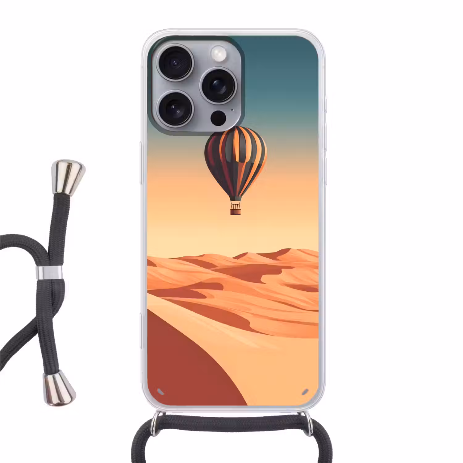 Luchtballon - Woestijn - Zonsondergang - Blauw Hoesje iPhone 16 Pro Max met koord klein -3d