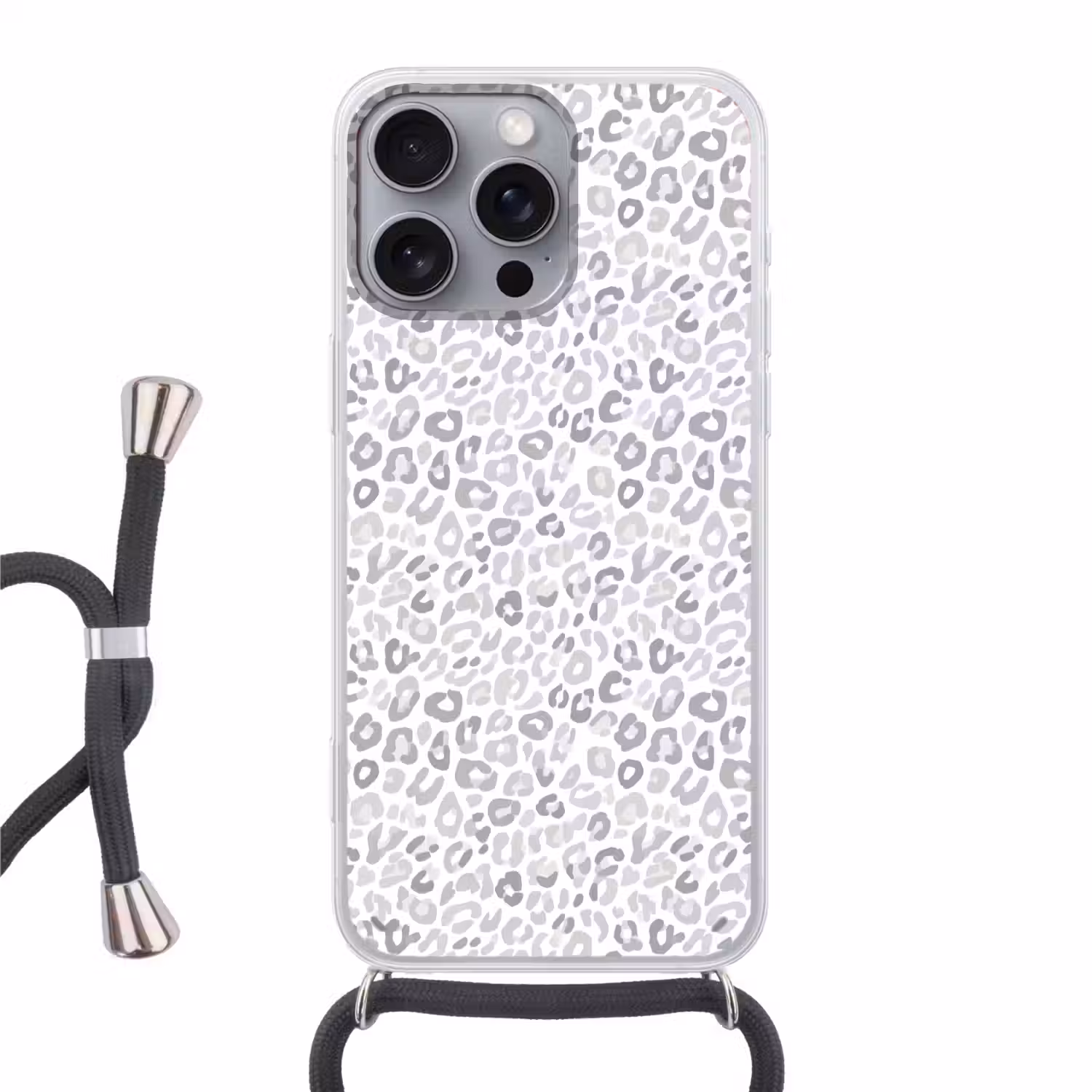 Luipaard - Motief - Grijs Hoesje iPhone 16 Pro Max met koord klein 804 -3d