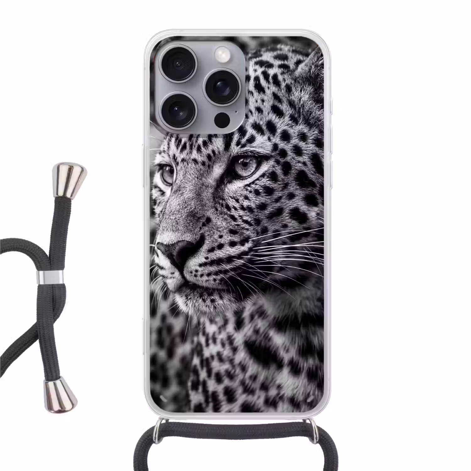 Luipaard - Zwart - Wit - Oog Hoesje iPhone 16 Pro Max met koord klein -3d