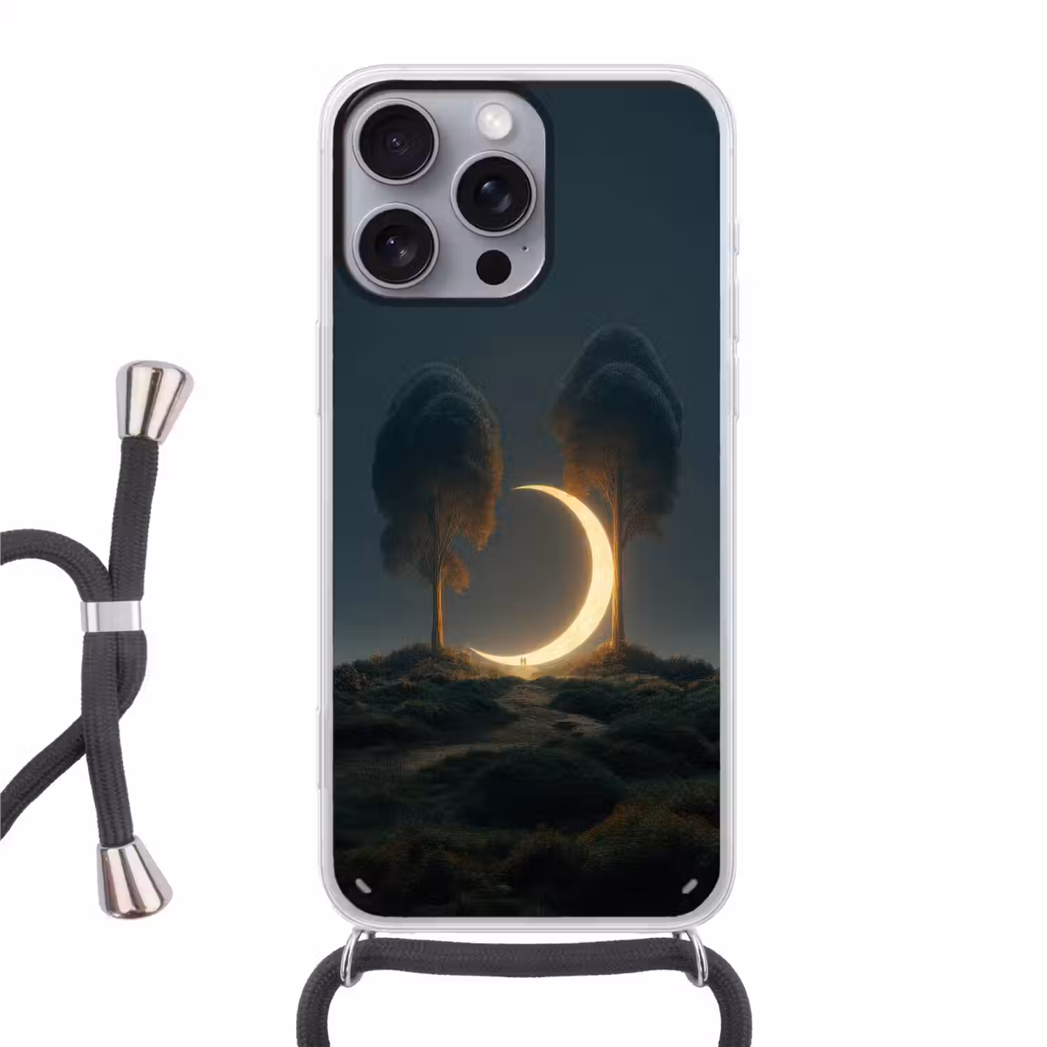 Maan - Bomen - Wandeling Hoesje iPhone 16 Pro Max met koord klein -3d