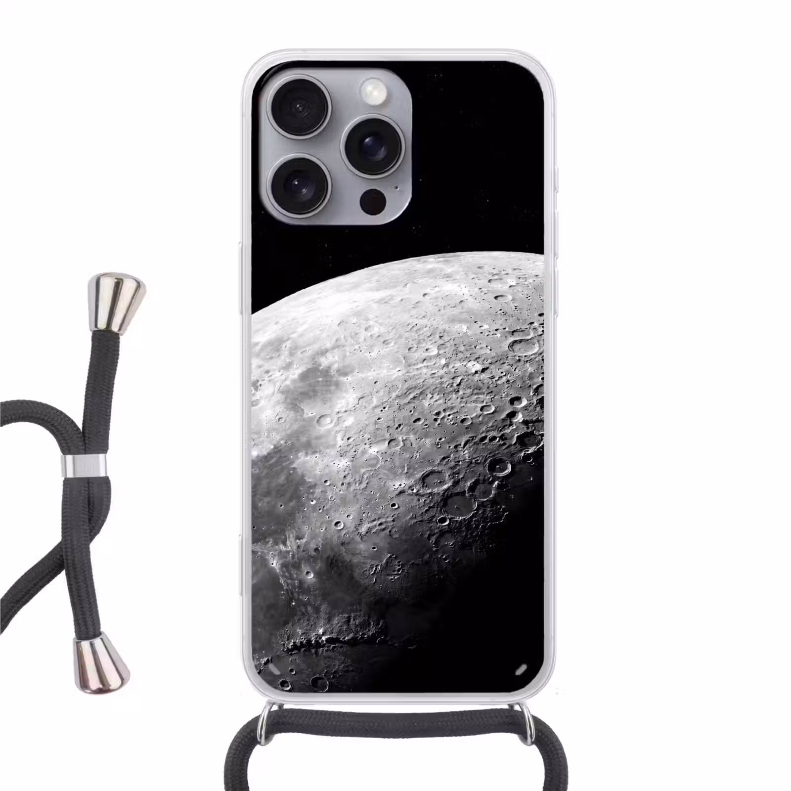 Telefoonhoesje met koord - Maan - Kraters - Ruimte - Maan - Kraters - Ruimte Hoesje iPhone 16 Pro Max met koord klein