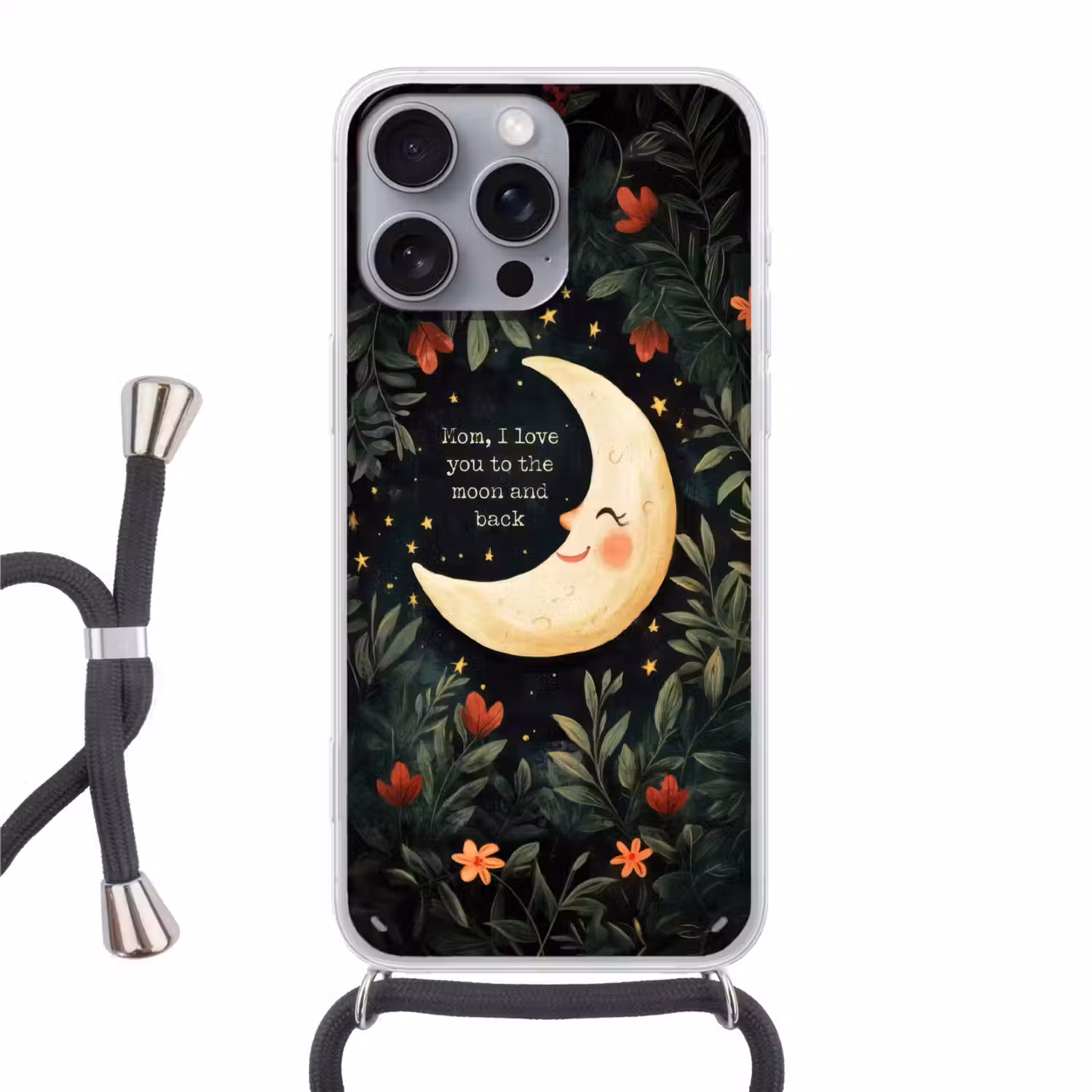 Maan - Quote - Bloemen - Sterren Hoesje iPhone 16 Pro Max met koord klein -3d