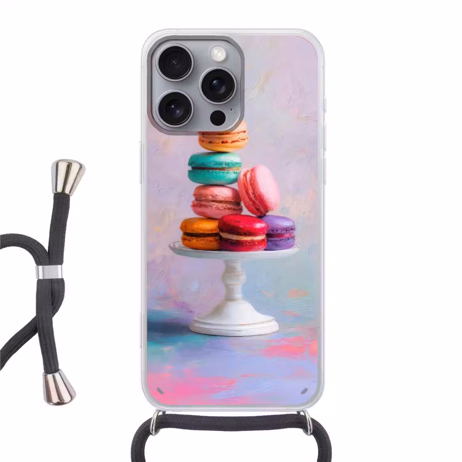 Macarons - Schaal - Pastel - Kleurrijk Hoesje iPhone 16 Pro Max met koord klein -3d