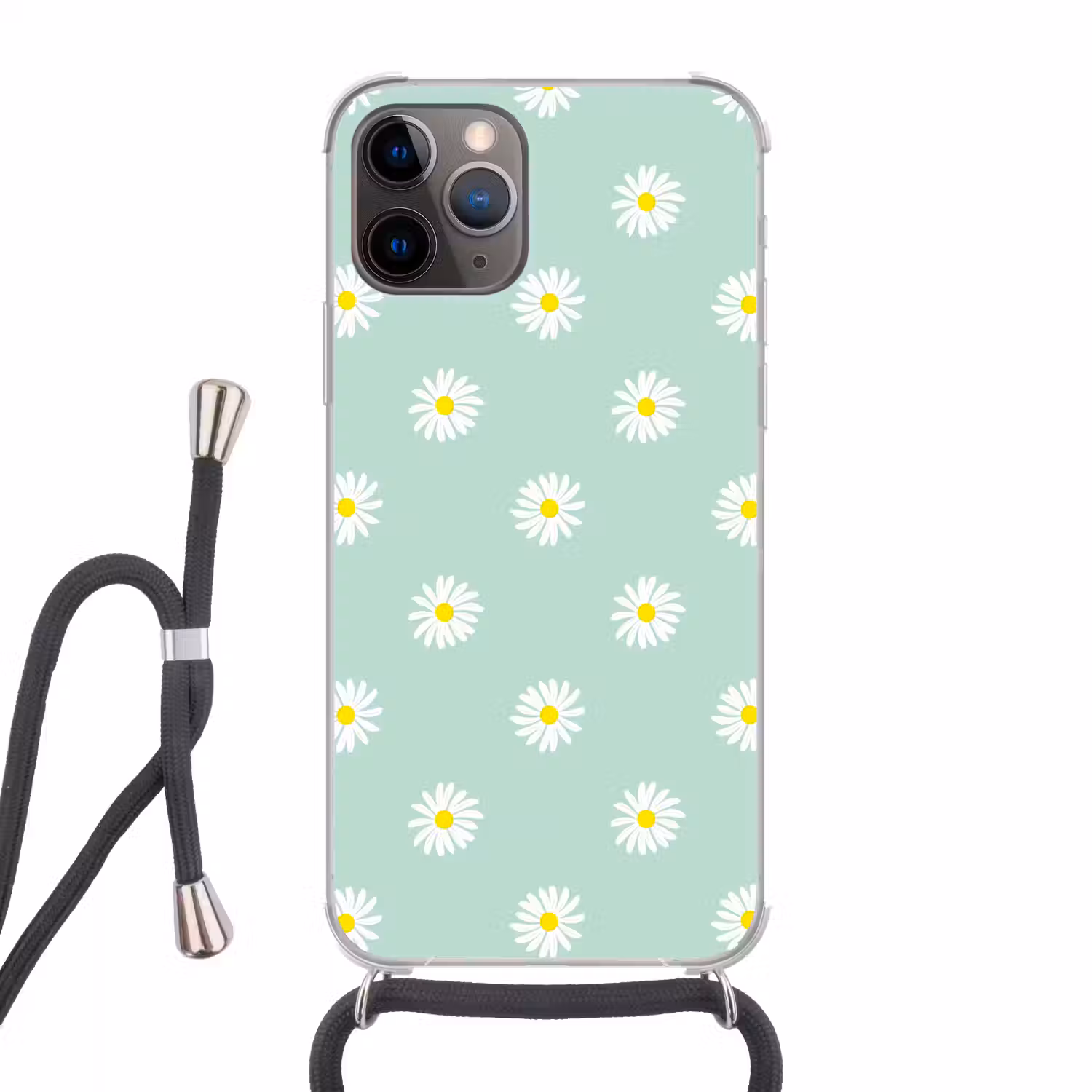 Madeliefjes - Pastel - Wit - Groen - Bloemen patroon Hoesje iPhone 12 Pro met koord klein -3d