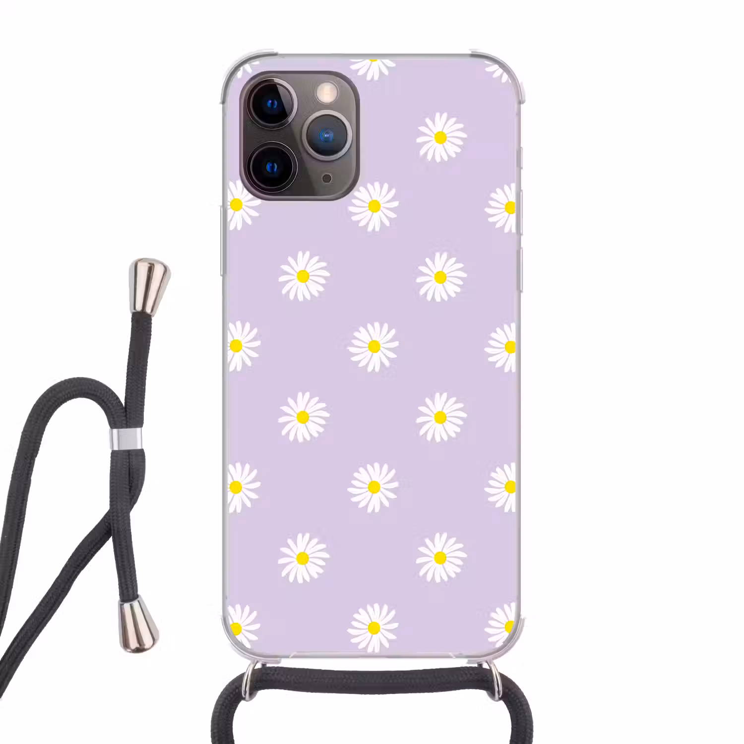 Madeliefjes - Pastel - Wit - Paars - Bloemen Hoesje iPhone 12 Pro met koord klein -3d