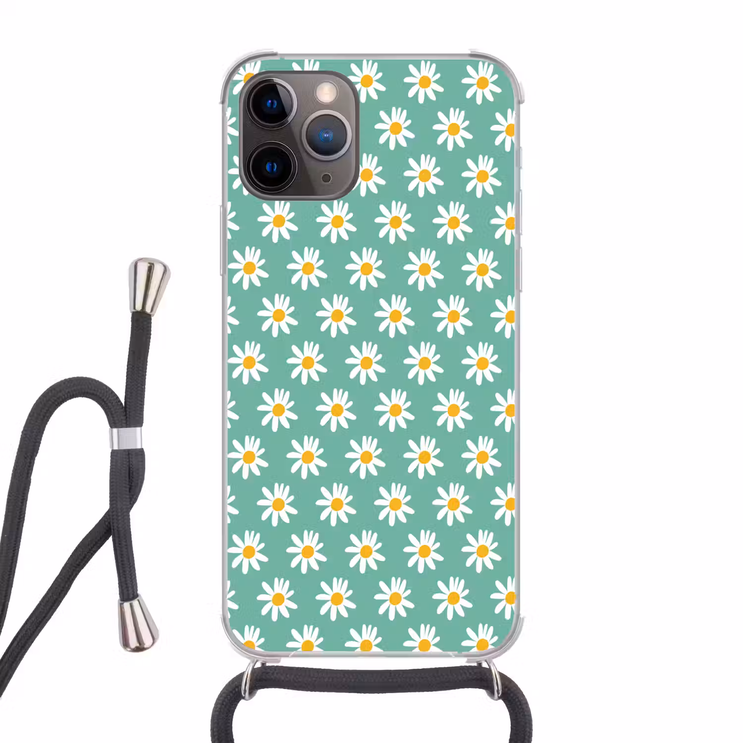 Madeliefjes - Patroon - Groen - Bloemen Hoesje iPhone 12 Pro met koord klein -3d