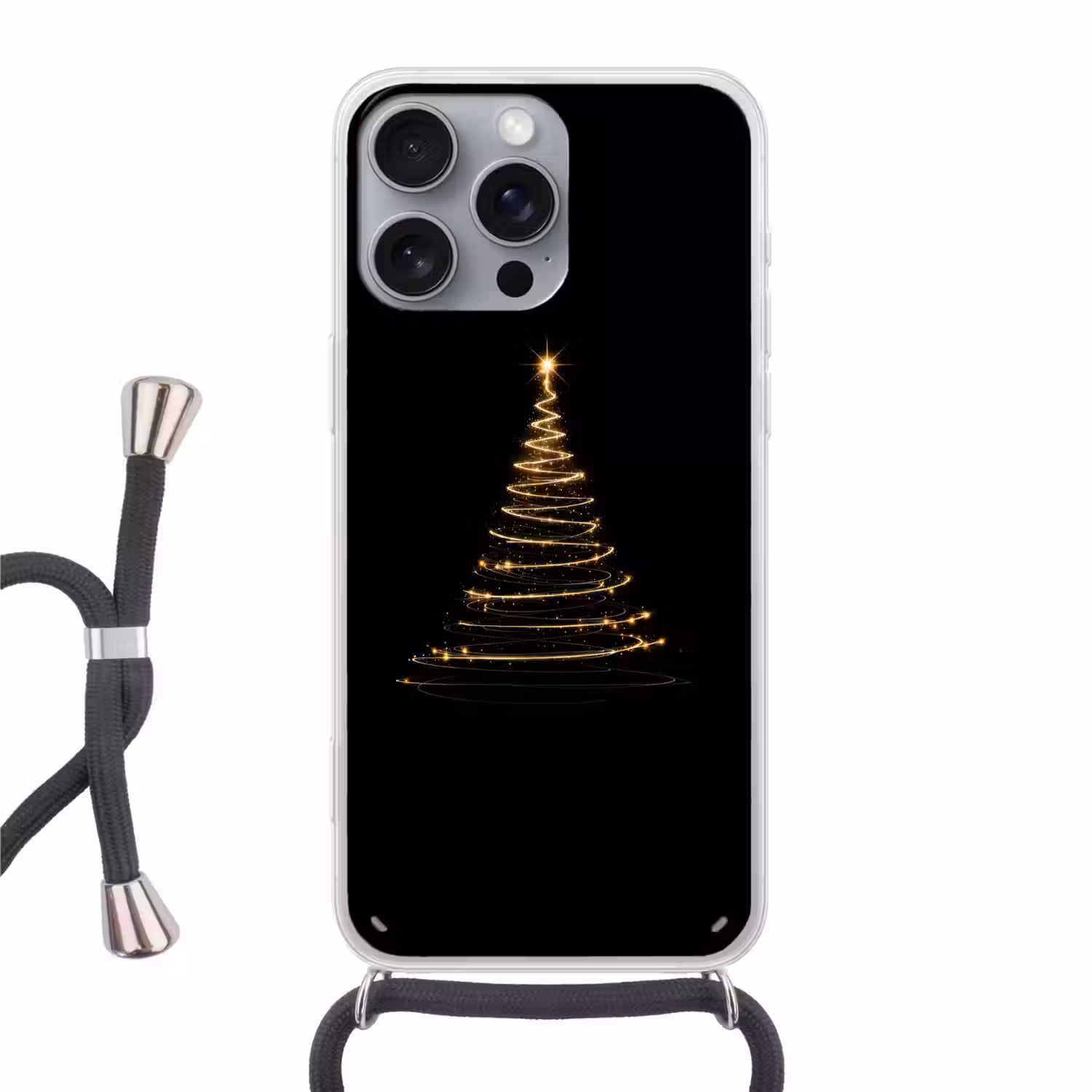 Magisch - Kerstboom - Lichtspiralen - Zwart Hoesje iPhone 16 Pro Max met koord klein -3d