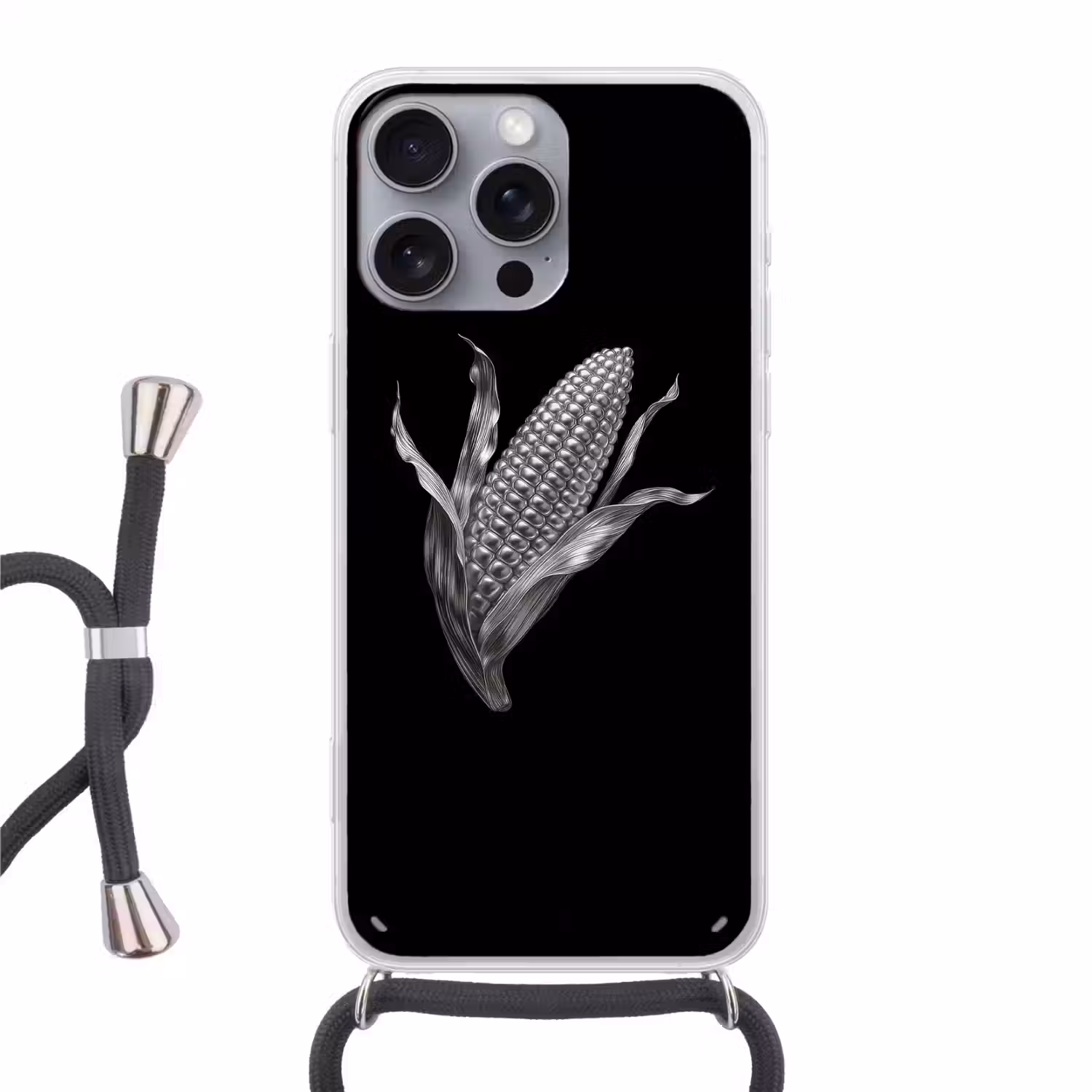 Maïskolf - Glanzend metaal - Elegant Hoesje iPhone 16 Pro Max met koord klein -3d