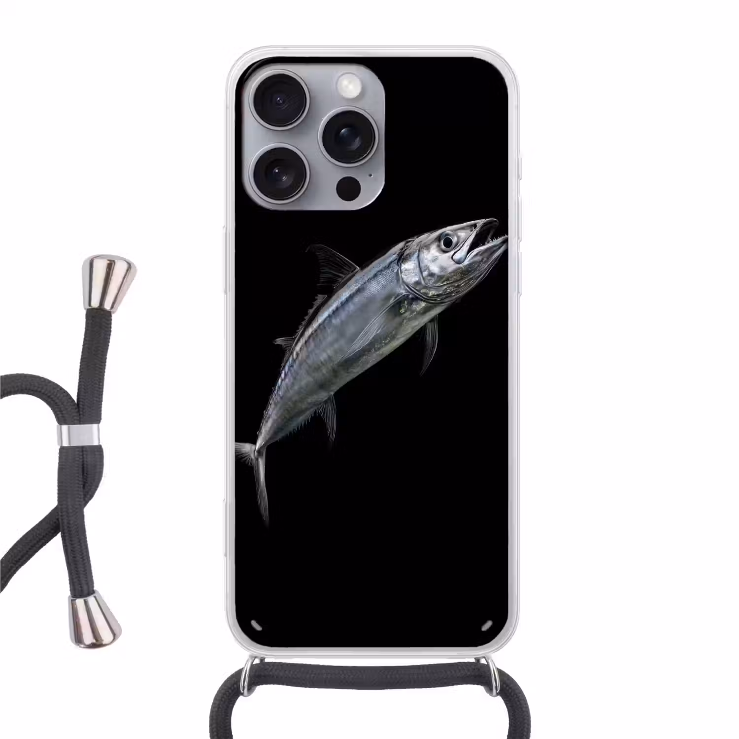 Makreel - Vis - Zwart Hoesje iPhone 16 Pro Max met koord klein -3d