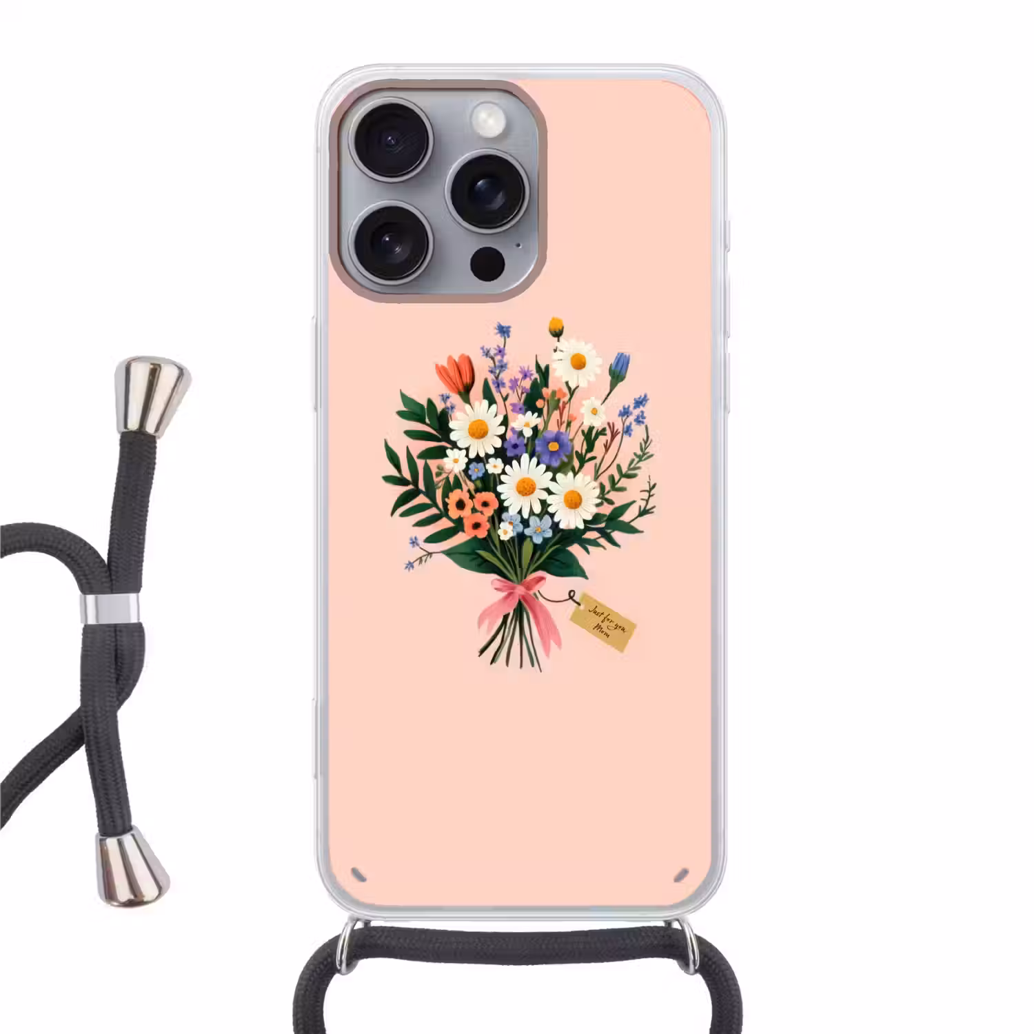 Margrieten - Boeket - Strikje - Roze Hoesje iPhone 16 Pro Max met koord klein -3d