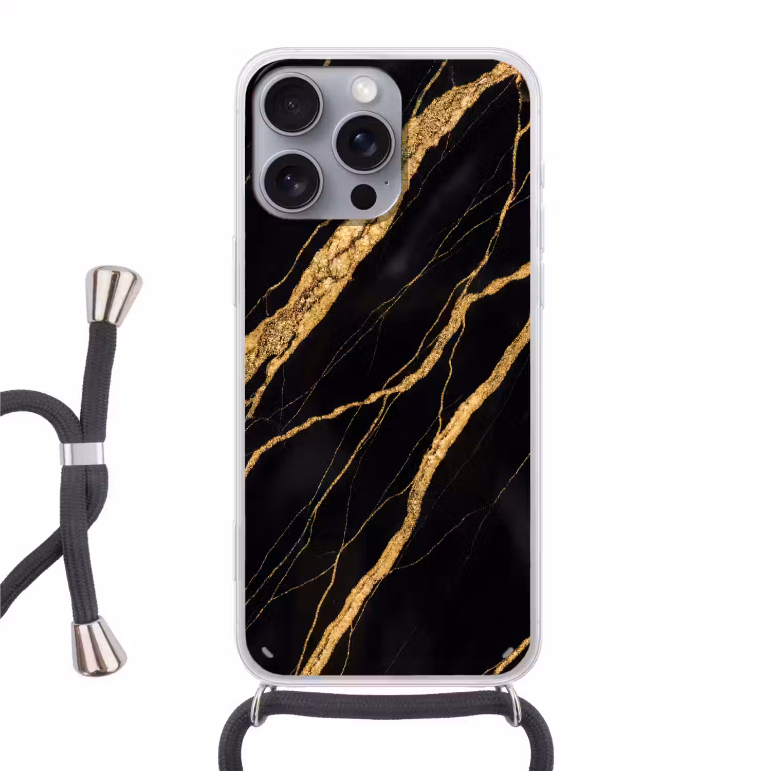 Marmer - Goud - Textuur - Abstract - Zwart Hoesje iPhone 16 Pro Max met koord klein -3d