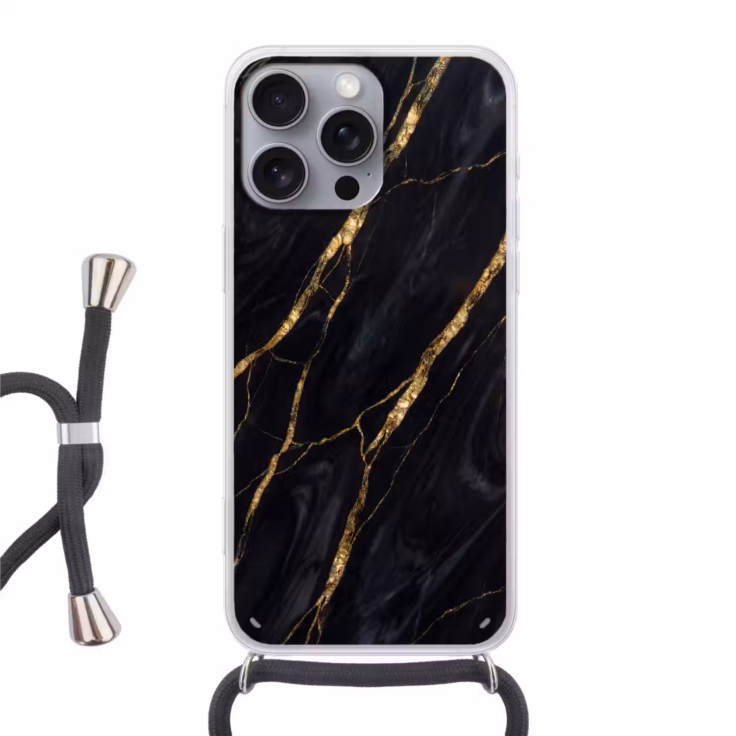 Marmer - Gouden aders - Abstract - Zwart Hoesje iPhone 16 Pro Max met koord klein -3d