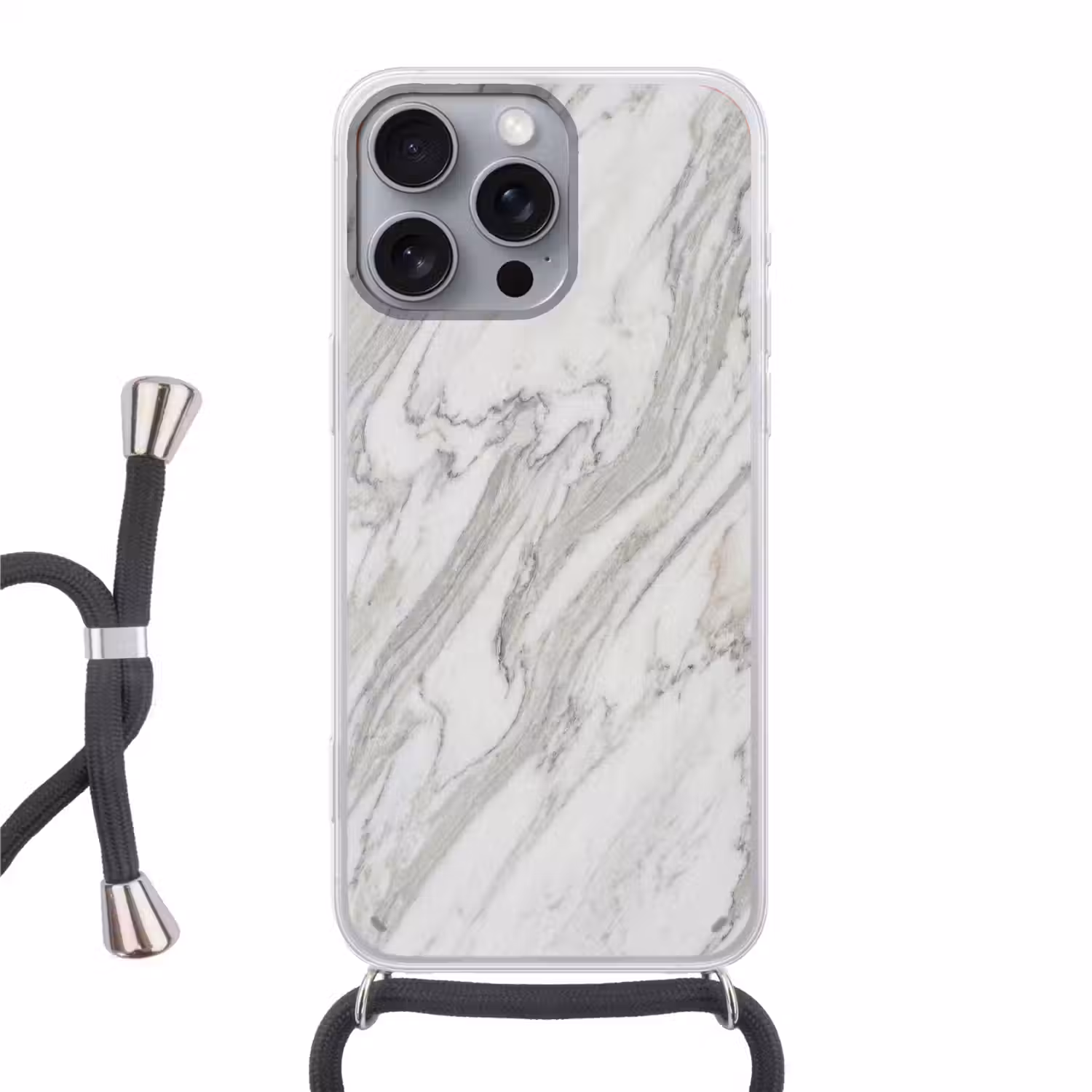 Marmer - Wit - Grijs - Structuur - Modern Hoesje iPhone 16 Pro Max met koord klein -3d