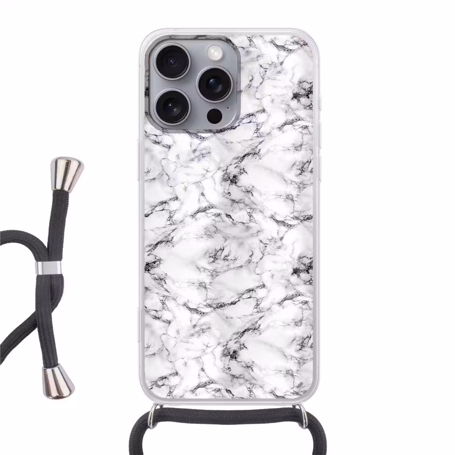 Marmer - Zwart - Dramatisch - Wit Hoesje iPhone 16 Pro Max met koord klein 804 -3d