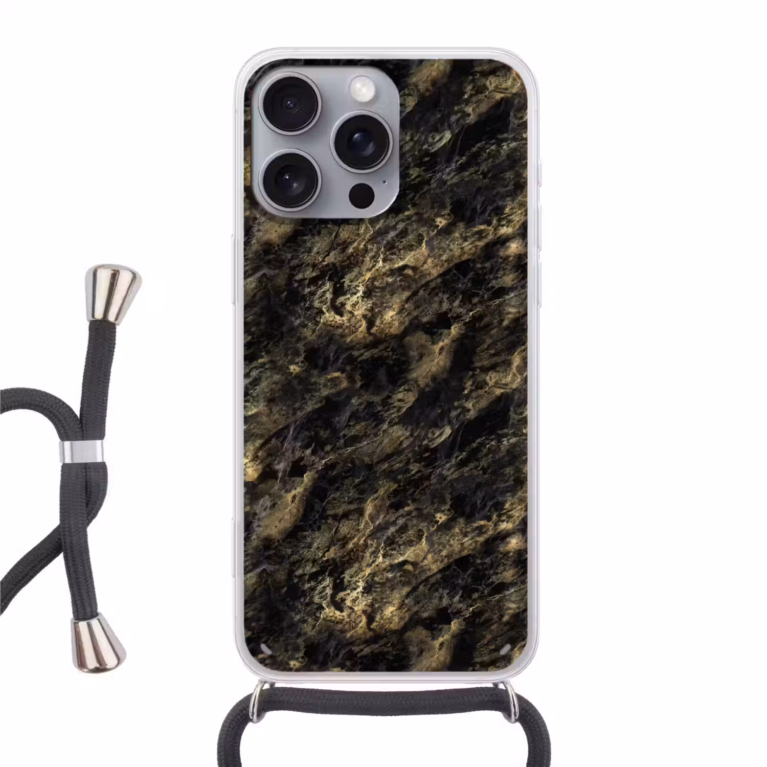 Marmer - Zwart - Goud Hoesje iPhone 16 Pro Max met koord klein 804 -3d