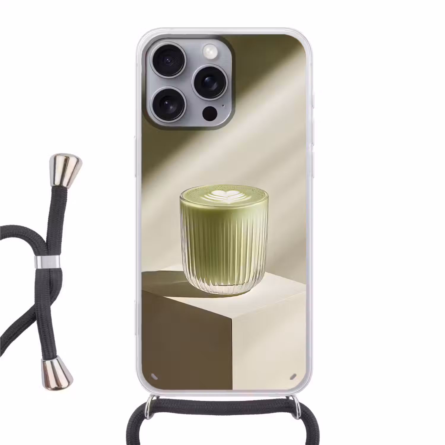 Matcha - Glas - Groen - Minimalistisch Hoesje iPhone 16 Pro Max met koord klein -3d