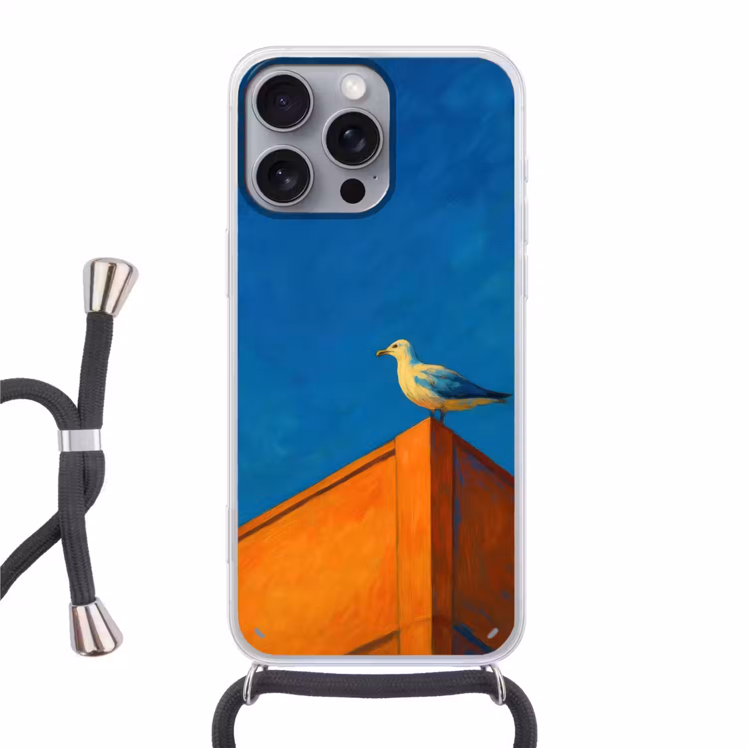 Meeuw - Gebouw - Lucht - Geschilderd Hoesje iPhone 16 Pro Max met koord klein -3d
