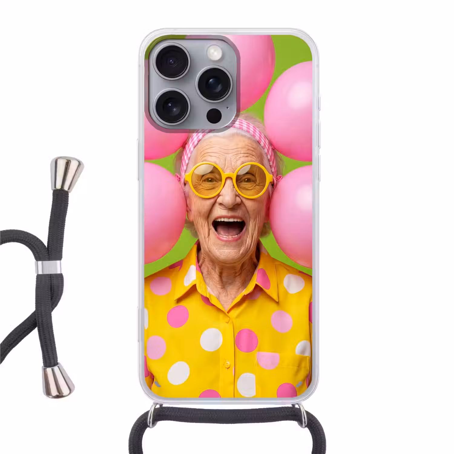 Mens - Ballonnen - Feest - Kleurrijk - Roze Hoesje iPhone 16 Pro Max met koord klein -3d