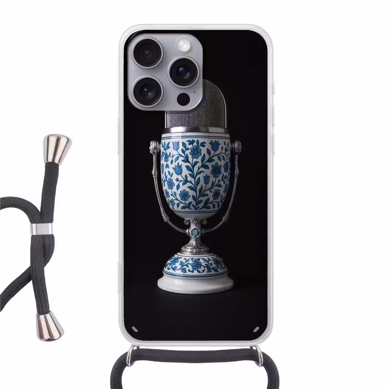 Microfoon - Delfts blauw - Muziek Hoesje iPhone 16 Pro Max met koord klein -3d