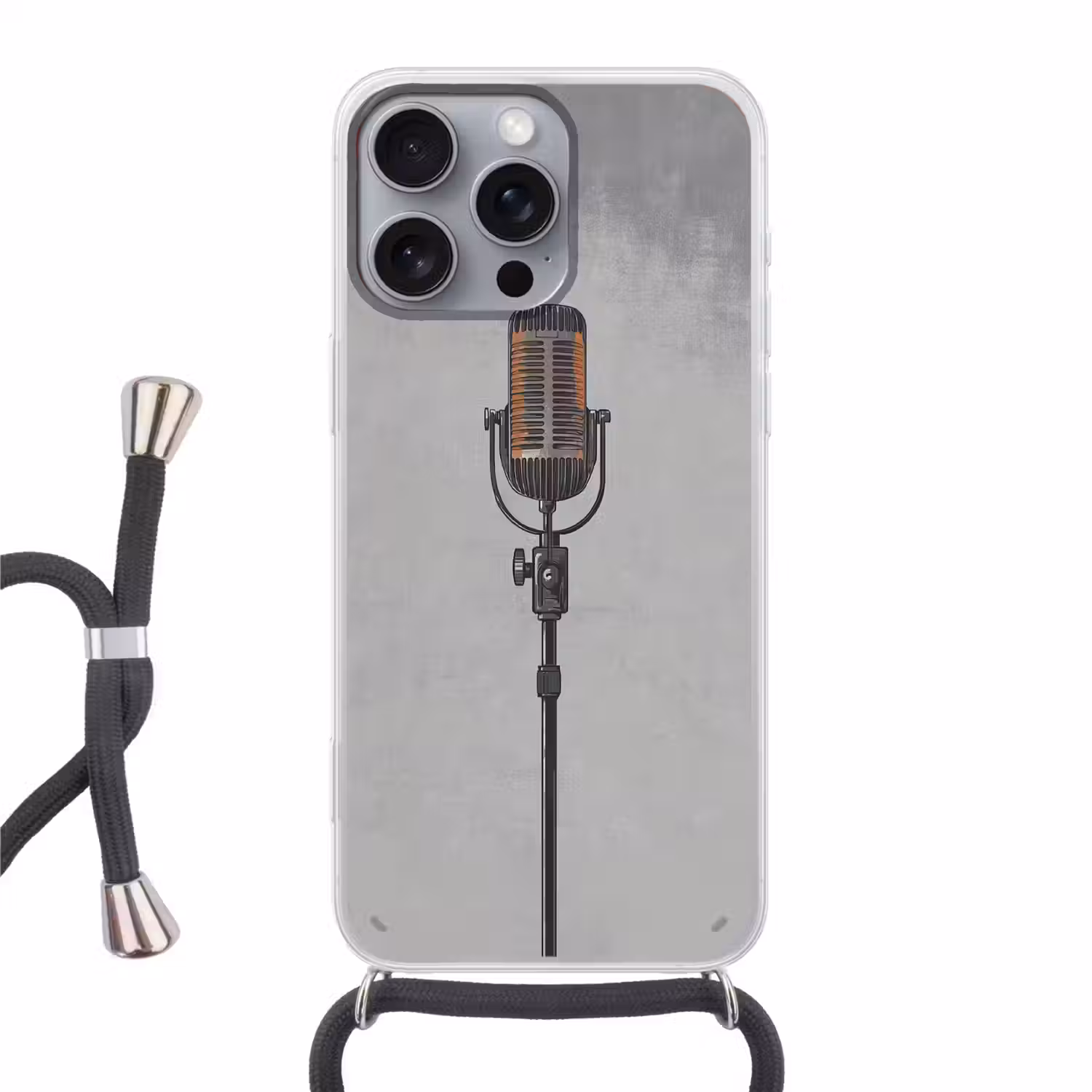 Microfoon - Vintage - Illustratie - Grijs Hoesje iPhone 16 Pro Max met koord klein -3d