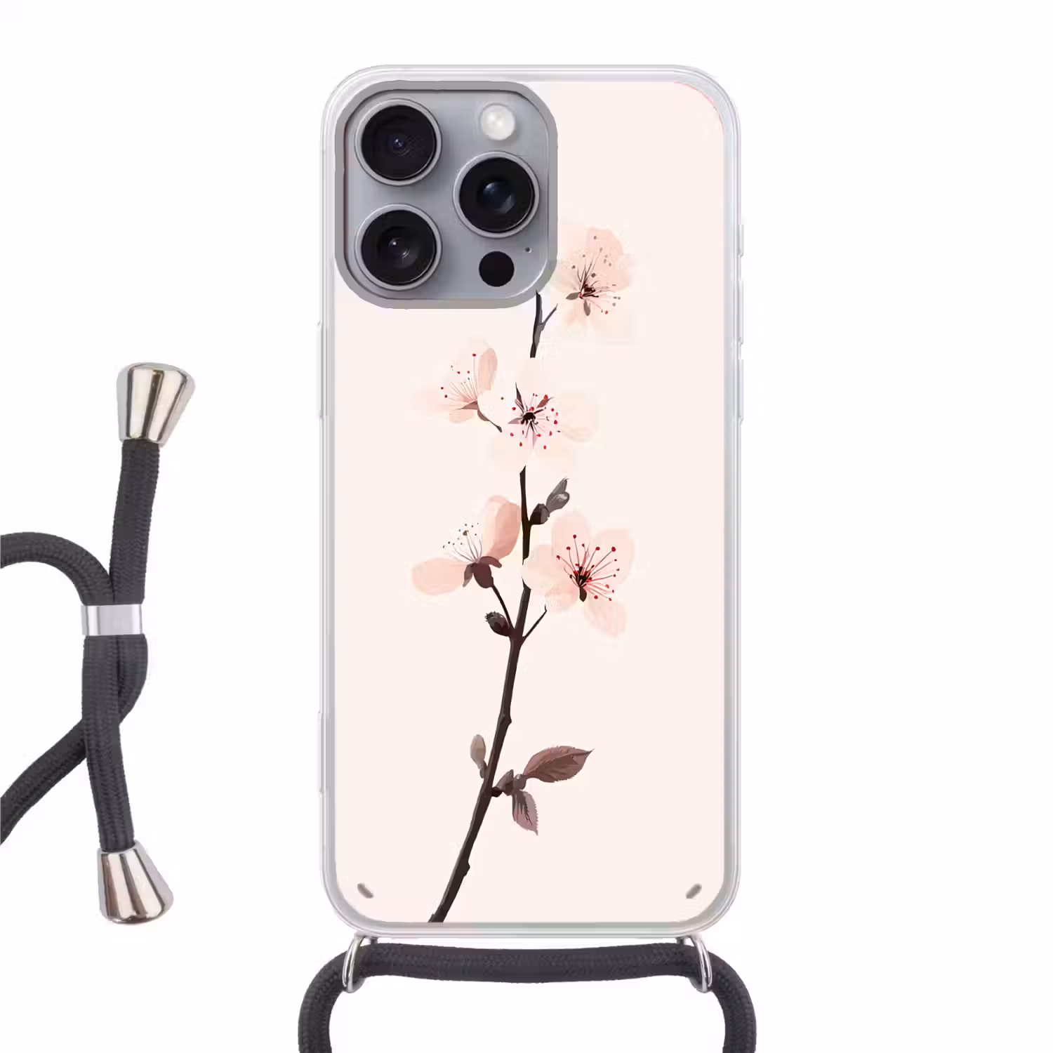 Minimalistisch - Bloesem - Tak - Roze Hoesje iPhone 16 Pro Max met koord klein -3d