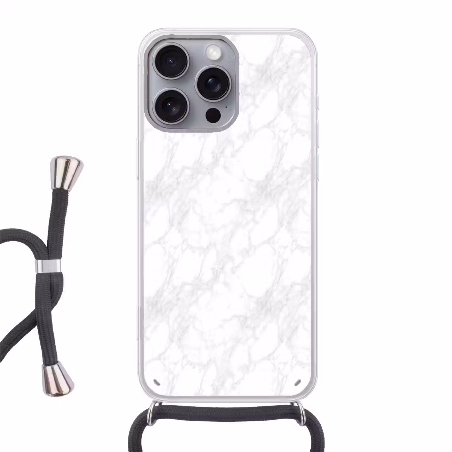 Minimalistisch - Wit - Grijze aders Hoesje iPhone 16 Pro Max met koord klein 804 -3d