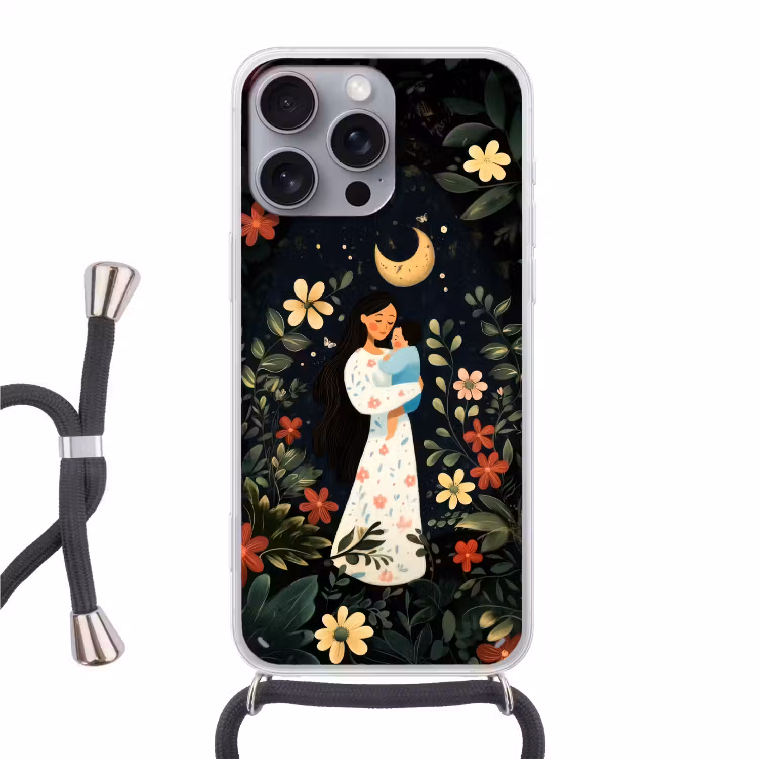 Moeder - Kind - Kleurrijk - Bloemen Hoesje iPhone 16 Pro Max met koord klein -3d