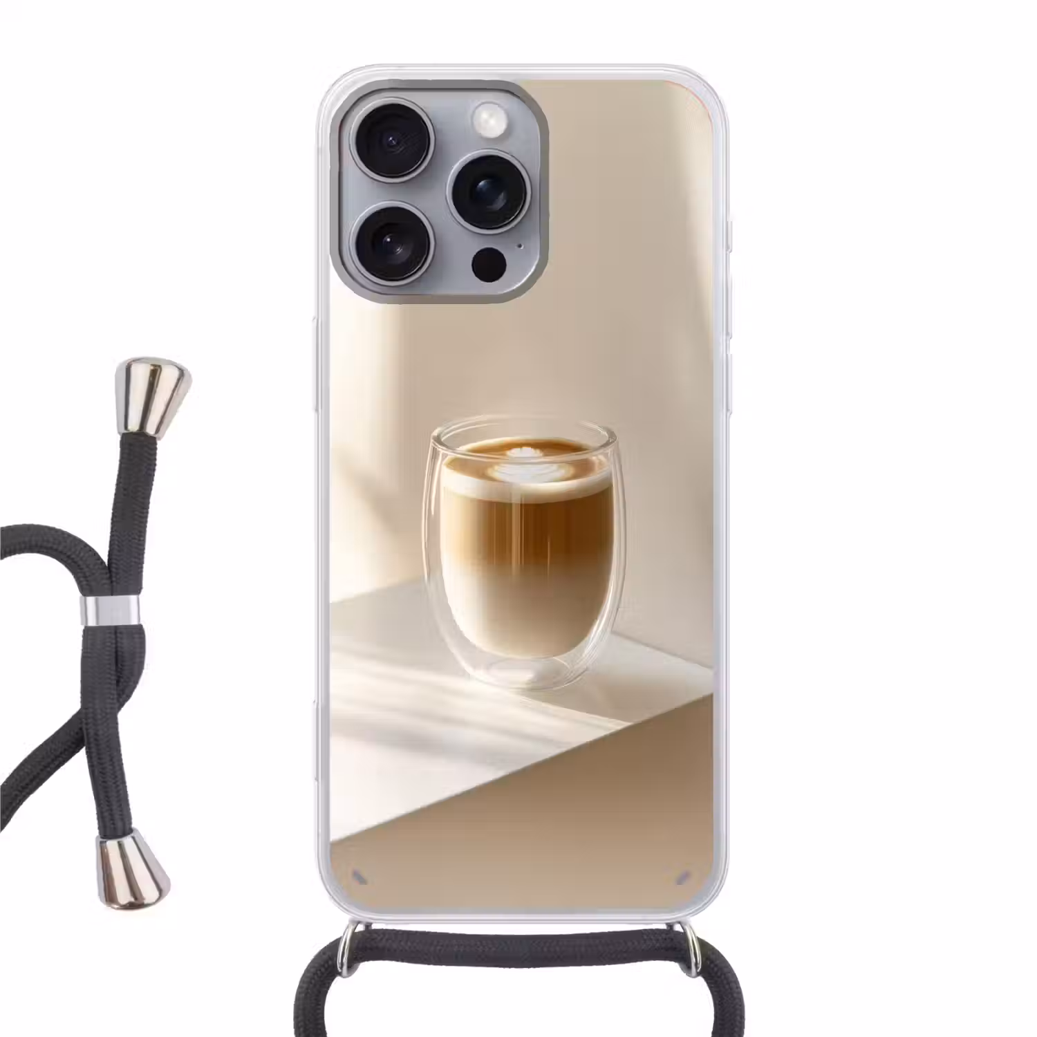 Mok - Latte - Minimalistisch - Schaduw Hoesje iPhone 16 Pro Max met koord klein -3d