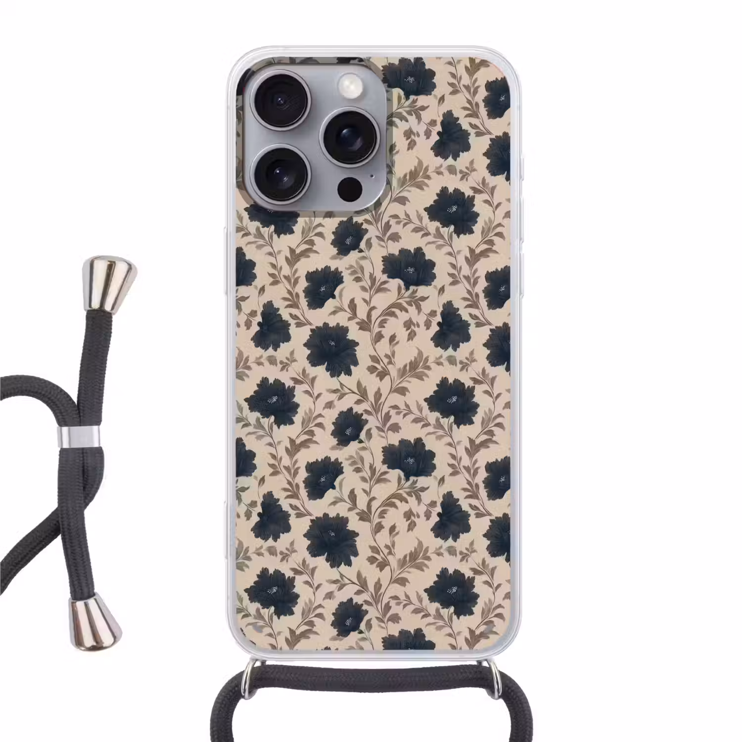 Motief - Bloemen - Zwart - Beige Hoesje iPhone 16 Pro Max met koord klein 804 -3d