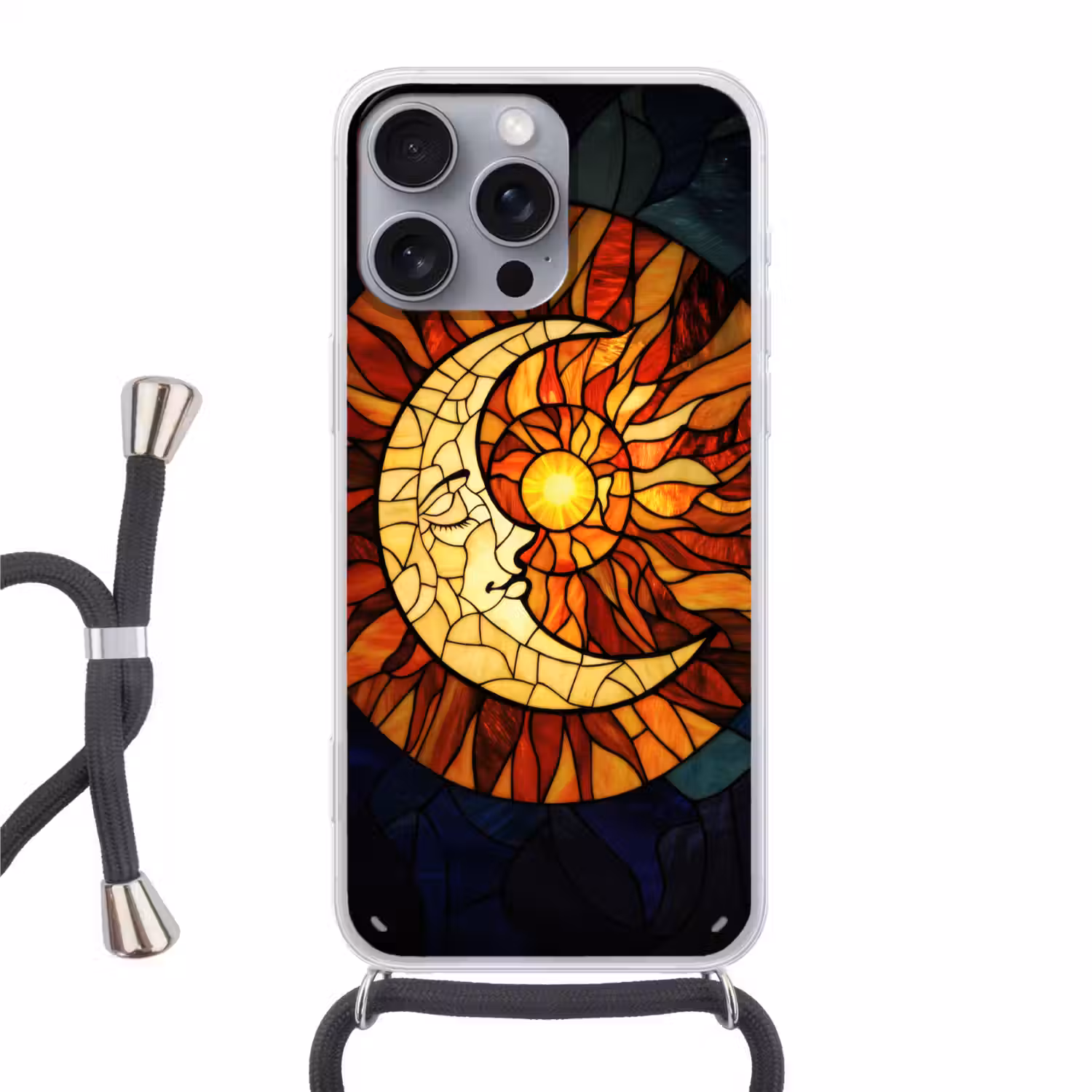 Mozaïek - Glas - Maan - Donkerblauw Hoesje iPhone 16 Pro Max met koord klein -3d