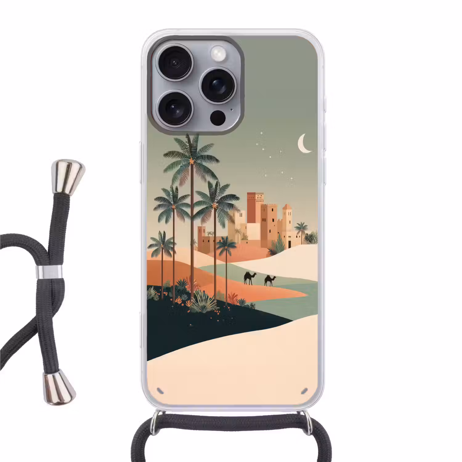 Nachtlandschap - Kamelen - Sterren - zandduinden Hoesje iPhone 16 Pro Max met koord klein -3d